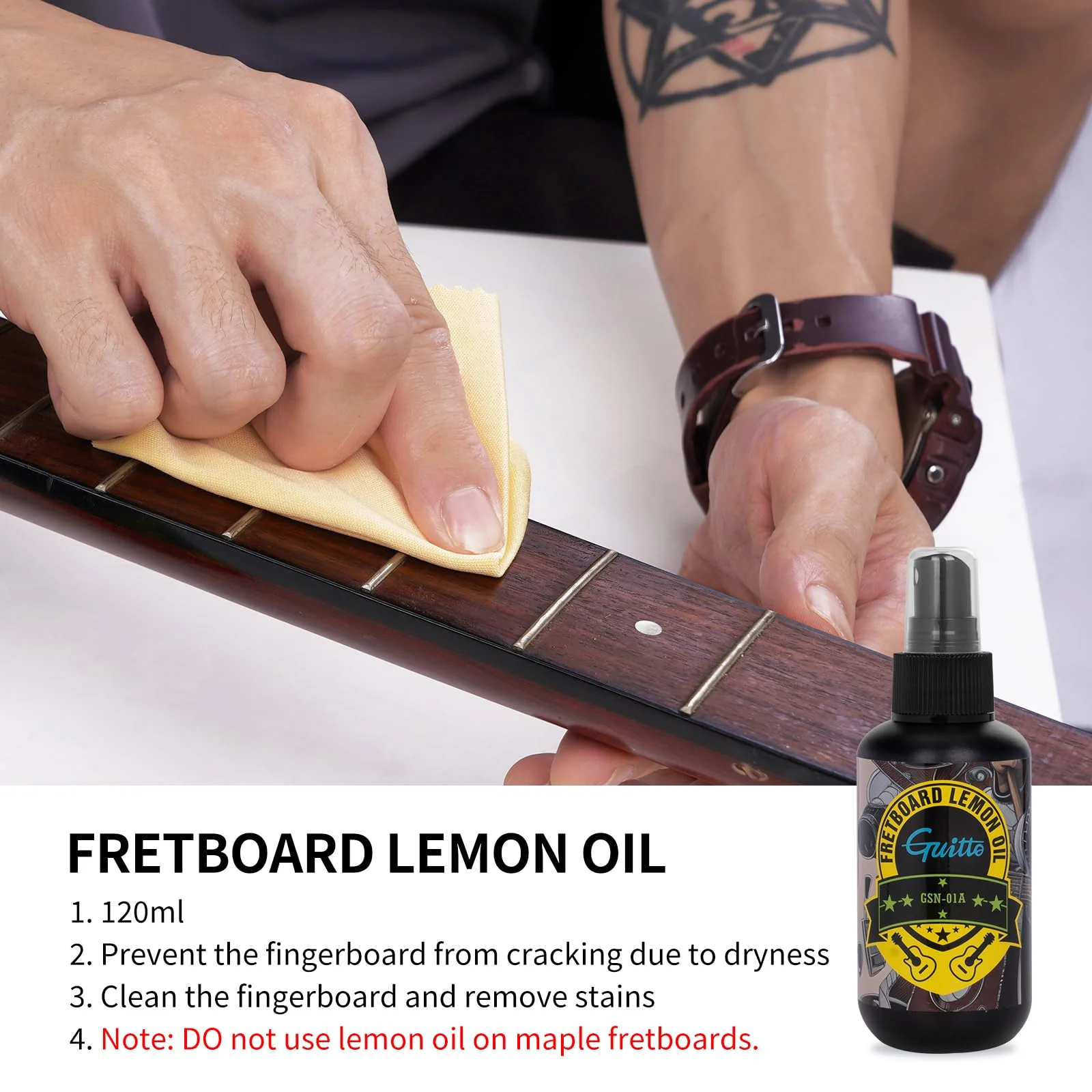 GUITTO Guitar Cleaning Kit All in One - Guitar Care Kit with Fretboard Lemon Oil, Guitar Polish, String Cleaner for Acoustic Guitar, Electric Guitar, Bass - Microfiber Cloths GSN-01 - Image 2