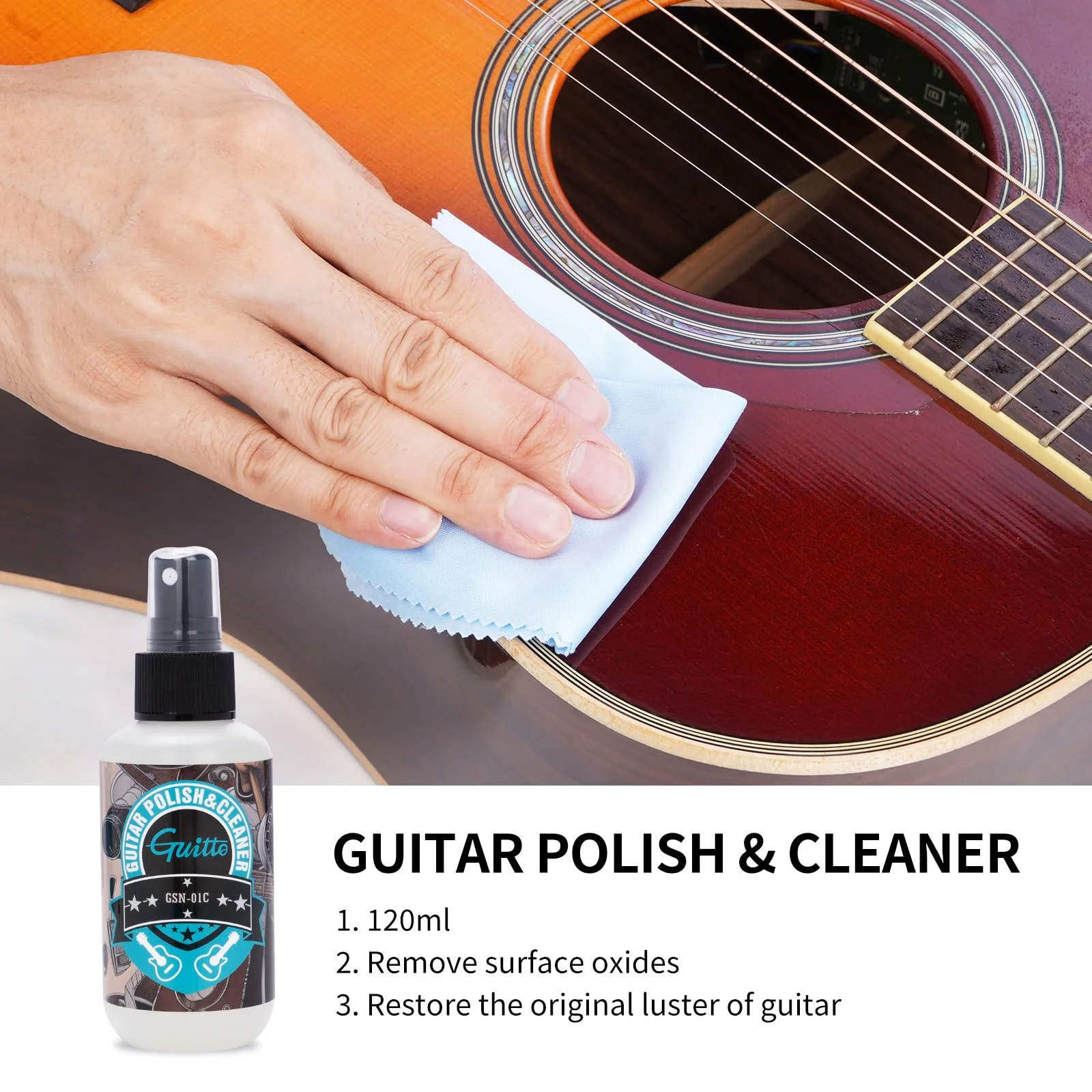 GUITTO Guitar Cleaning Kit All in One - Guitar Care Kit with Fretboard Lemon Oil, Guitar Polish, String Cleaner for Acoustic Guitar, Electric Guitar, Bass - Microfiber Cloths GSN-01 - Image 4