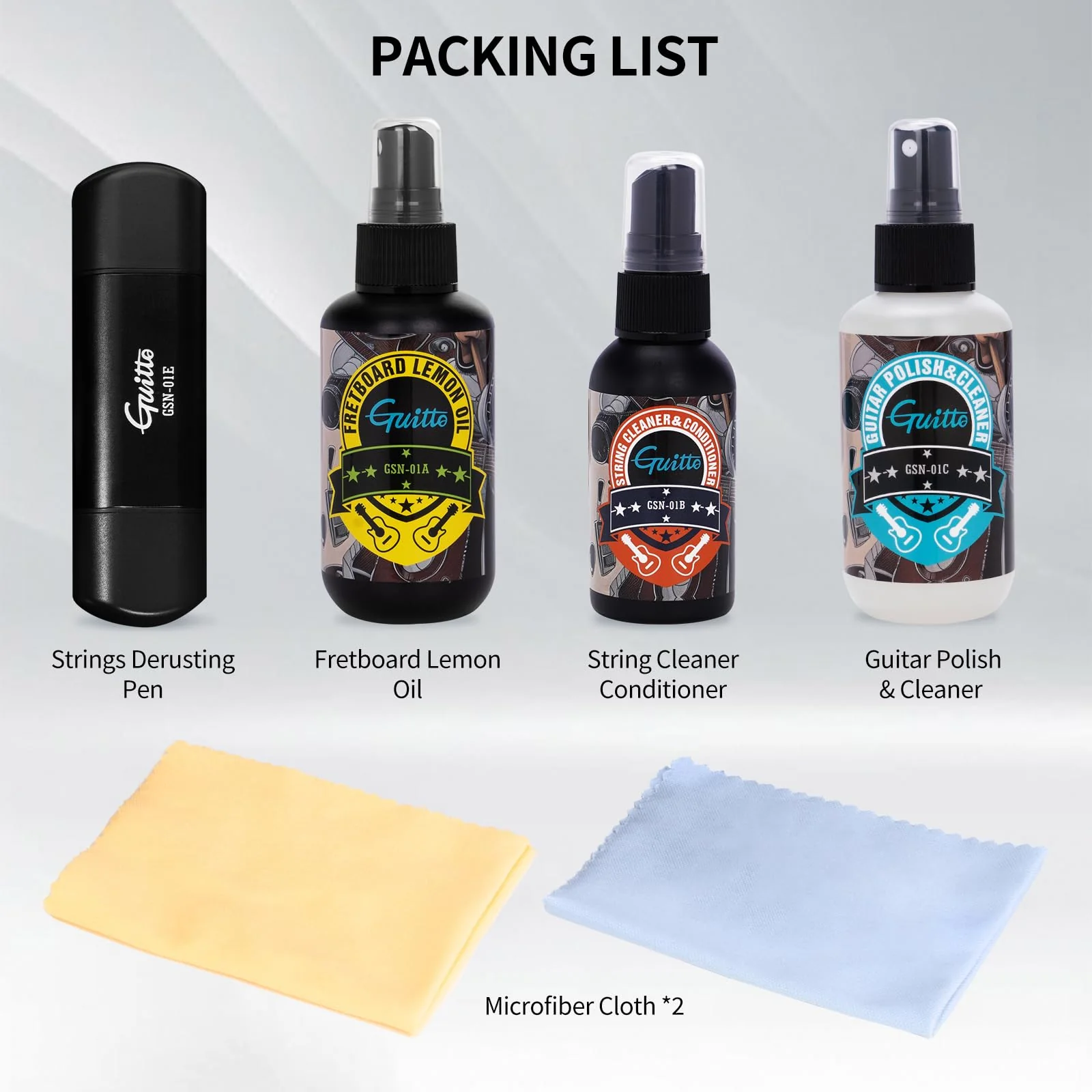 GUITTO Guitar Cleaning Kit All in One - Guitar Care Kit with Fretboard Lemon Oil, Guitar Polish, String Cleaner for Acoustic Guitar, Electric Guitar, Bass - Microfiber Cloths GSN-01 - Image 6
