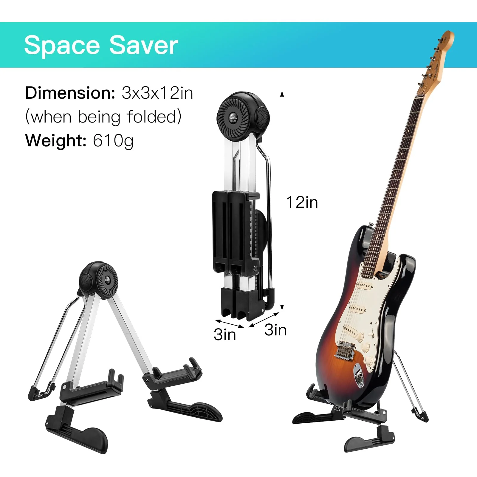 GUITTO Guitar Stand - Electric and Acoustic, Floor Standing Holder for Guitars, Bass, Banjo, Cello - Portable, Foldable, and Small A-Frame Design GGS-03 Black - Image 6