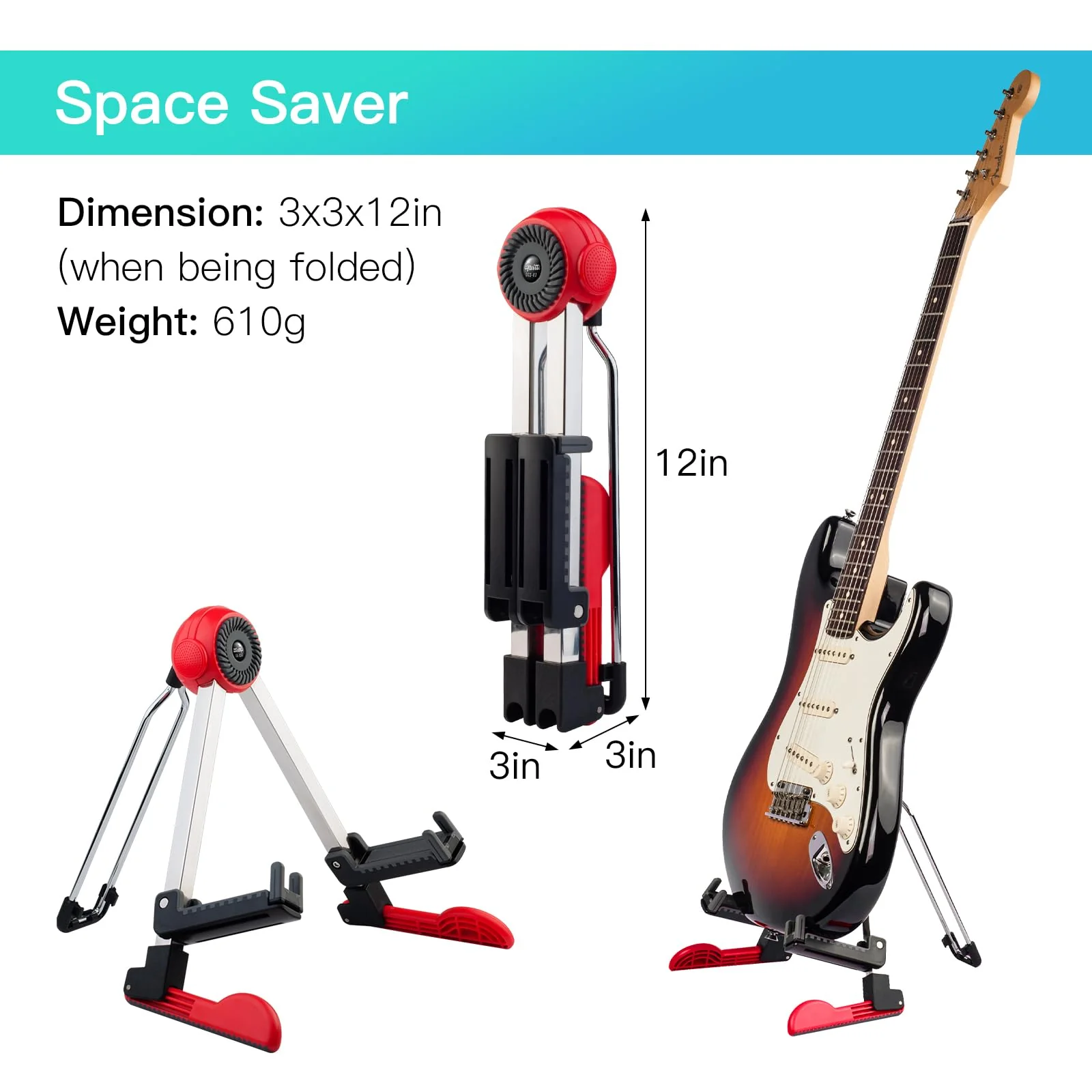 GUITTO Guitar Stand Floor Universal Folding Tripod Guitar Stands for Acoustic Electric Guitars Bass Accessories Banjo Stand GGS-03 Red - Image 3