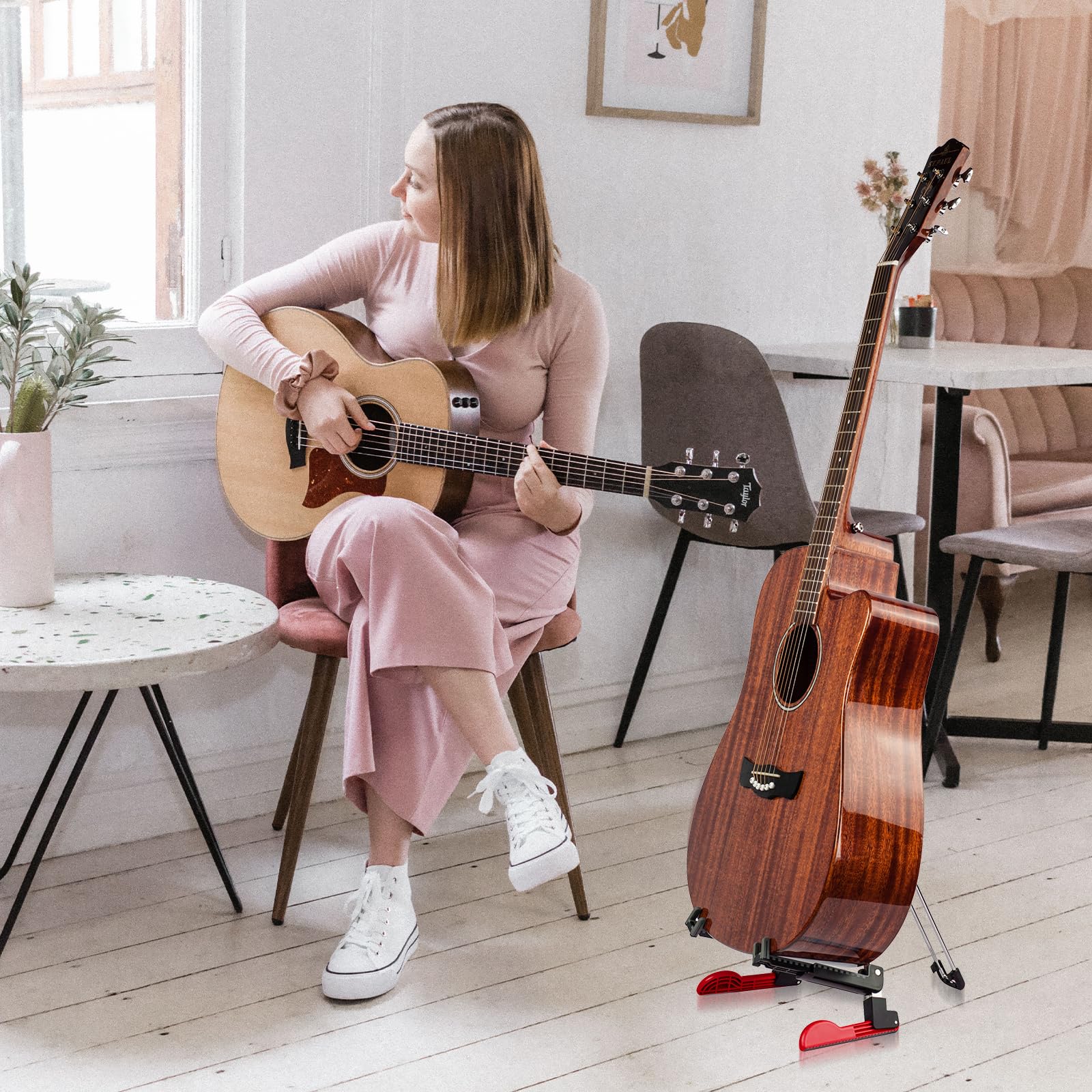 GUITTO Guitar Stand Floor Universal Folding Tripod Guitar Stands for Acoustic Electric Guitars Bass Accessories Banjo Stand GGS-03 Red - Image 6