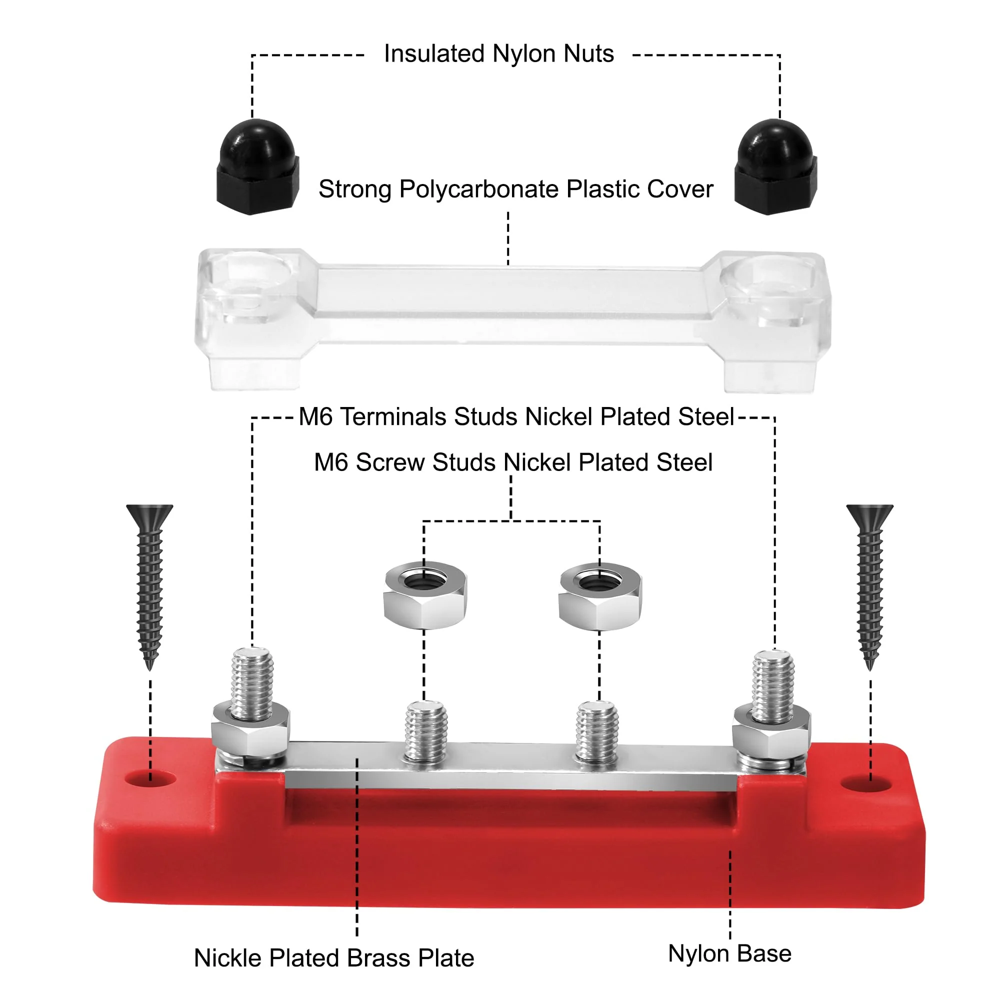 GUNGY Busbar 12V-48V DC Busbars Distribution Block Busbar 150A Power Distribution Block with 4 x M6 Connection Bolts for Car RV Boat Red Black Pack of 2 - Image 3