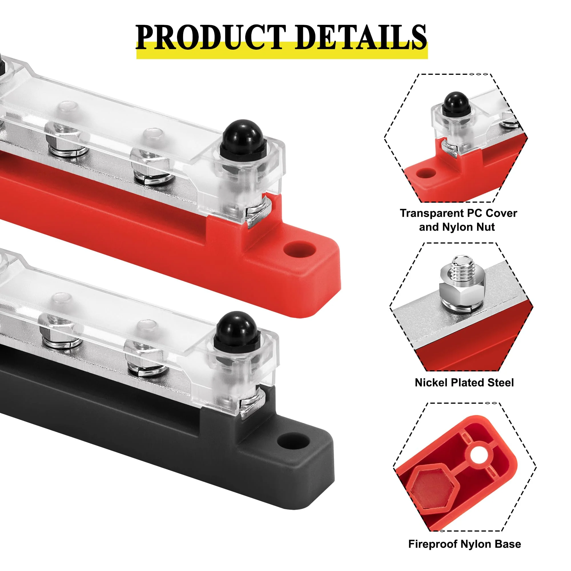 GUNGY Busbar 12V-48V DC Busbars Distribution Block Busbar 150A Power Distribution Block with 4 x M6 Connection Bolts for Car RV Boat Red Black Pack of 2 - Image 4