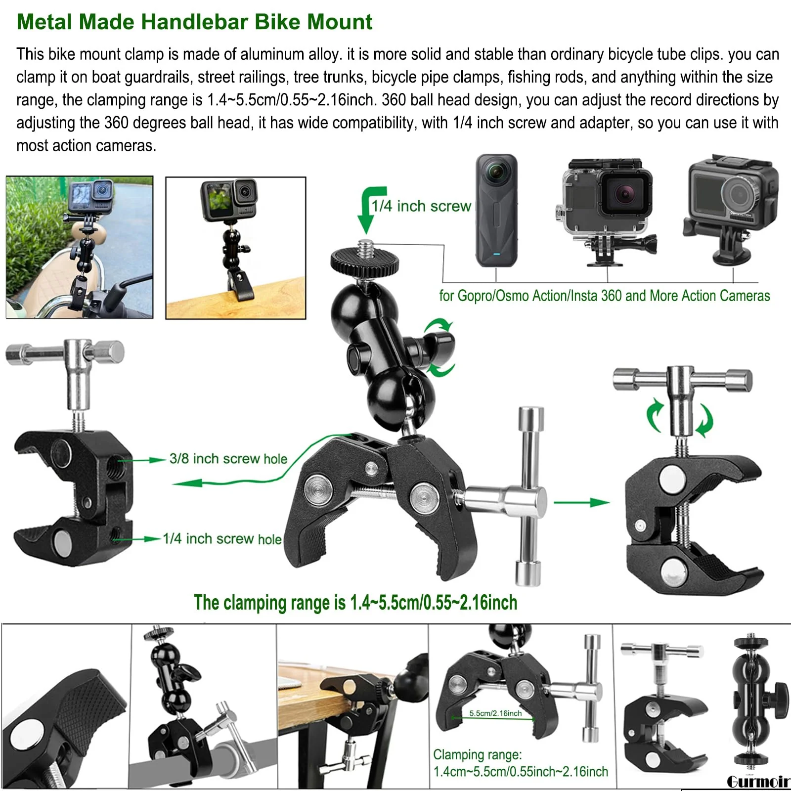 Gurmoir Action Camera Motorcycle Mount Kit with Magnetic Base for Gopro Hero 13 12 11 10 9 8/DJI Osmo Action 6/5 pro/4/Insta360 X5/X4/3/Go Pro Mini/Max/Max 2 - Image 2
