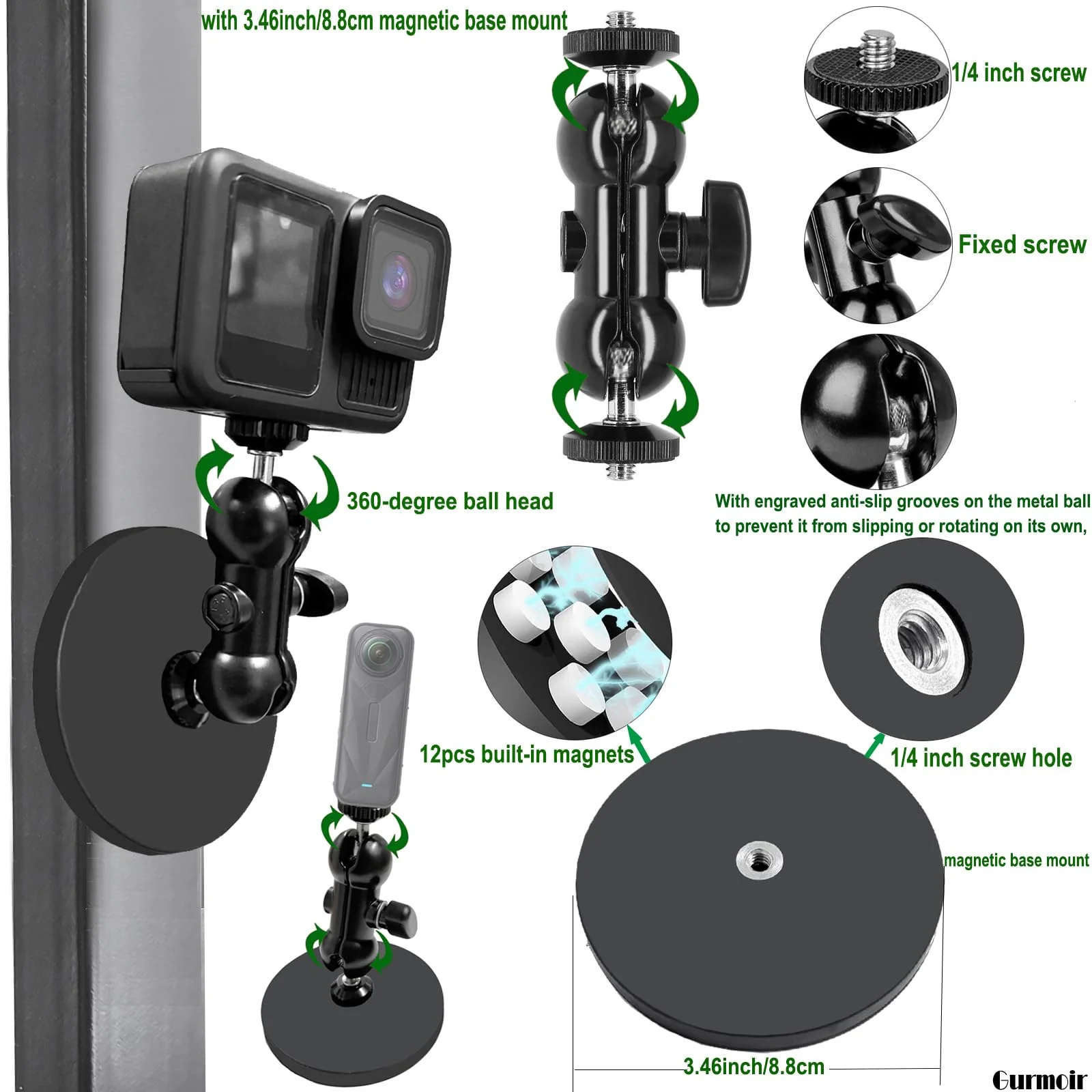 Gurmoir Action Camera Motorcycle Mount Kit with Magnetic Base for Gopro Hero 13 12 11 10 9 8/DJI Osmo Action 6/5 pro/4/Insta360 X5/X4/3/Go Pro Mini/Max/Max 2 - Image 4