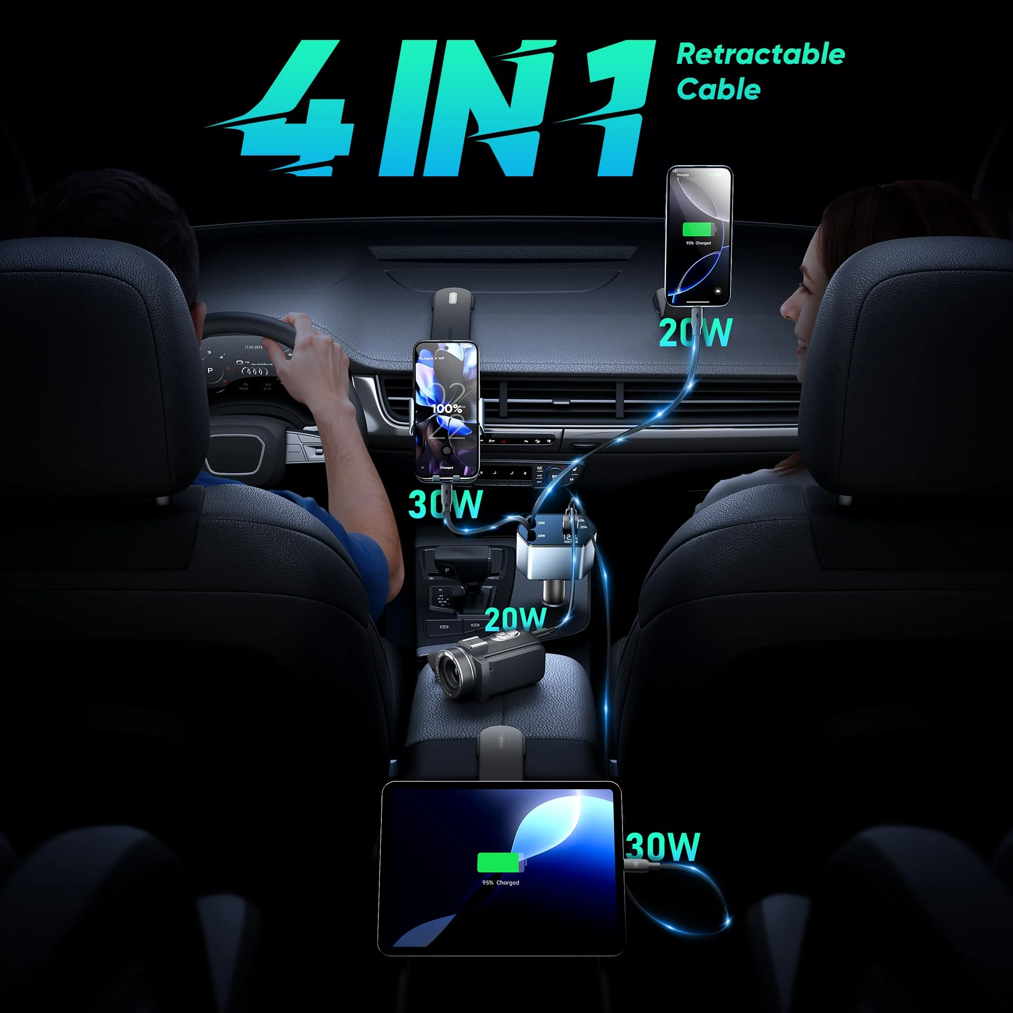 GUSGU 100W Retractable Car Charger, 4-in-1 Fast Car Phone Charger Featuring a 2.6ft Retractable Cord, with Lightning and USB-C Cable Car Charger Adapters, Compatible All Other Phone Models (Silver) - Image 2