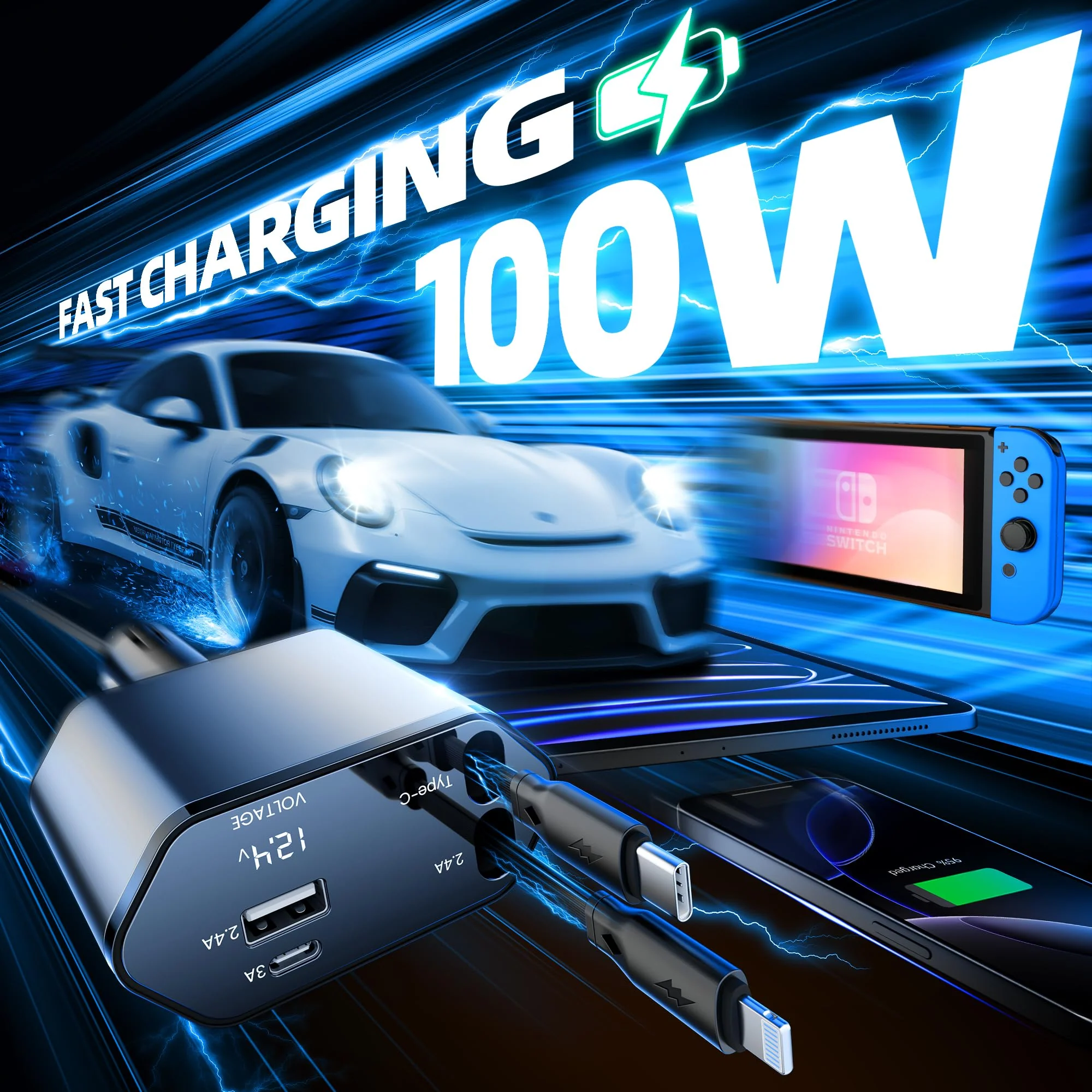 GUSGU 100W Retractable Car Charger, 4-in-1 Fast Car Phone Charger Featuring a 2.6ft Retractable Cord, with Lightning and USB-C Cable Car Charger Adapters, Compatible All Other Phone Models (Silver) - Image 4
