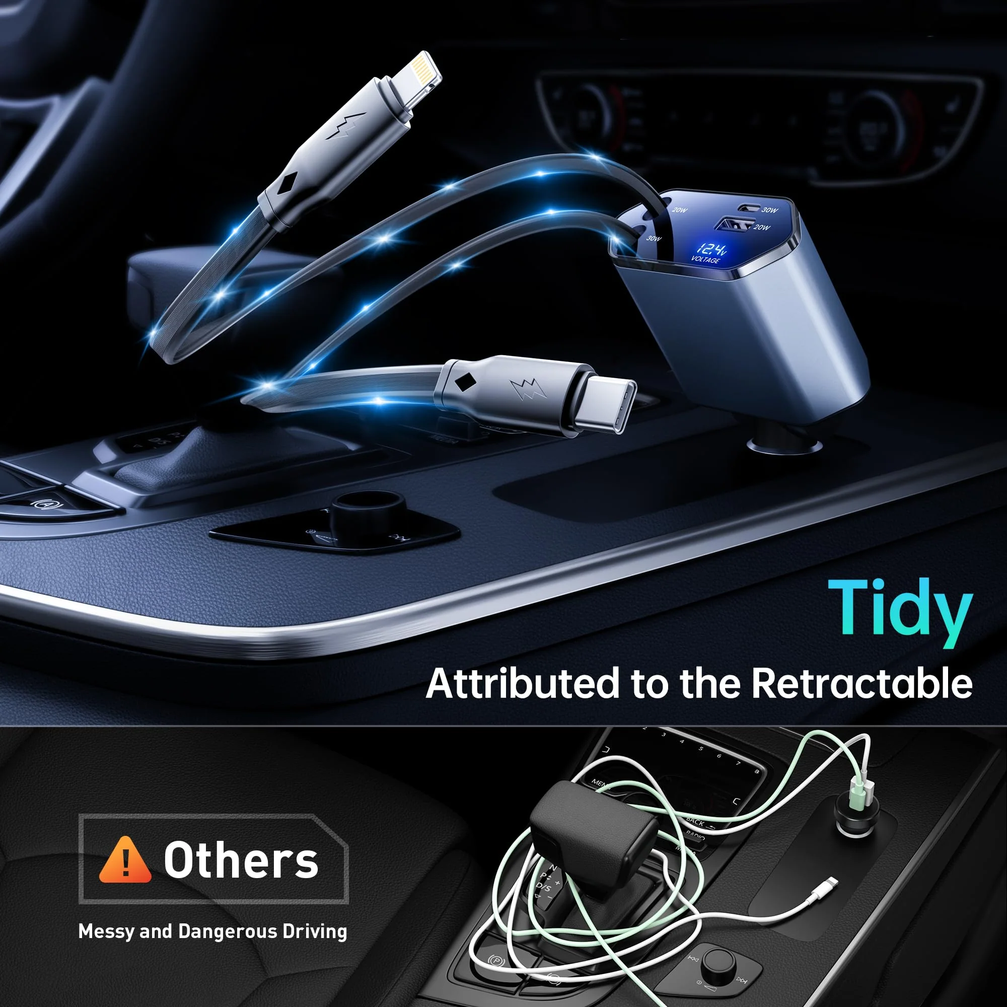 GUSGU 100W Retractable Car Charger, 4-in-1 Fast Car Phone Charger Featuring a 2.6ft Retractable Cord, with Lightning and USB-C Cable Car Charger Adapters, Compatible All Other Phone Models (Silver) - Image 6