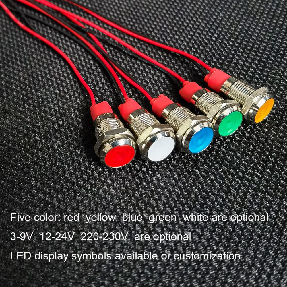 GUUZI 10mm LED Indicator Light 12-24V Waterproof Signal Light Metal Plate LED Indicator Signal Light Plate Mount Flat Head with Wires Silver Housing (Red, 4 Pack) Red - Image 2