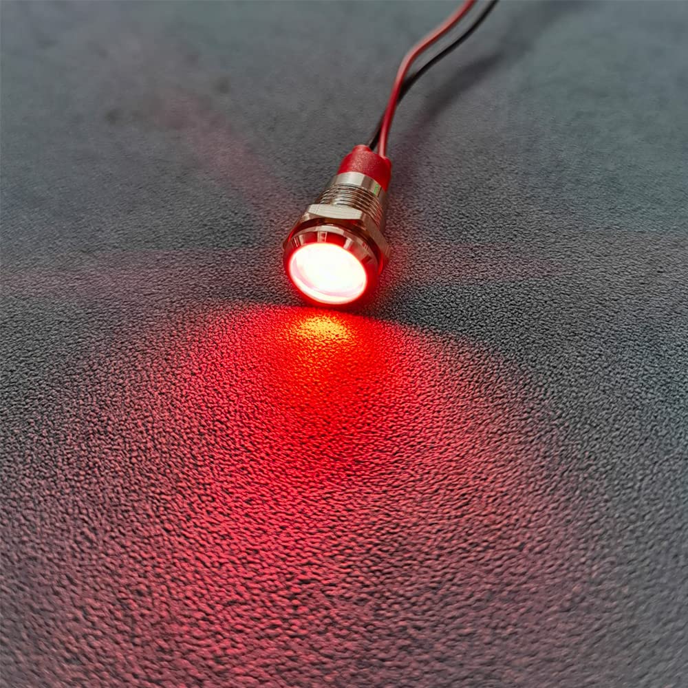 GUUZI 10mm LED Indicator Light 12-24V Waterproof Signal Light Metal Plate LED Indicator Signal Light Plate Mount Flat Head with Wires Silver Housing (Red, 4 Pack) Red - Image 4