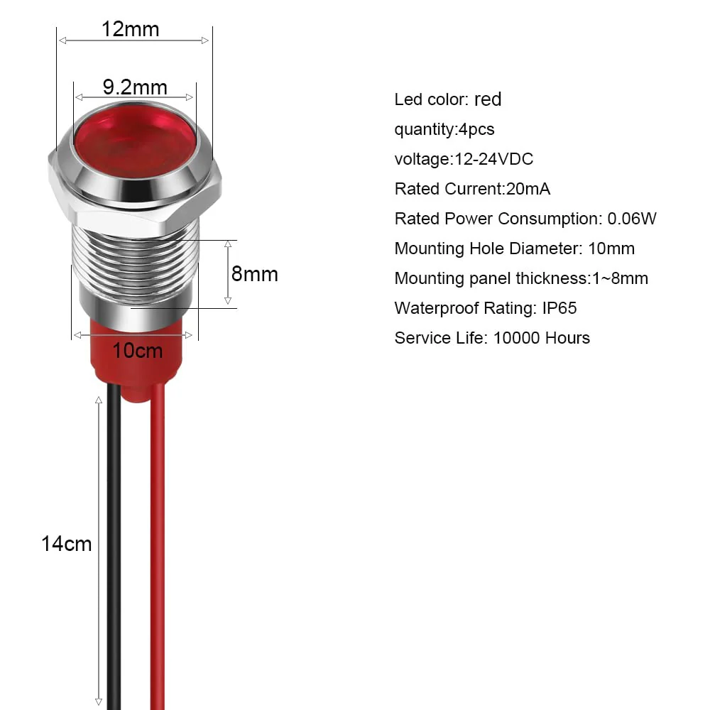 GUUZI 10mm LED Indicator Light 12-24V Waterproof Signal Light Metal Plate LED Indicator Signal Light Plate Mount Flat Head with Wires Silver Housing (Red, 4 Pack) Red - Image 5