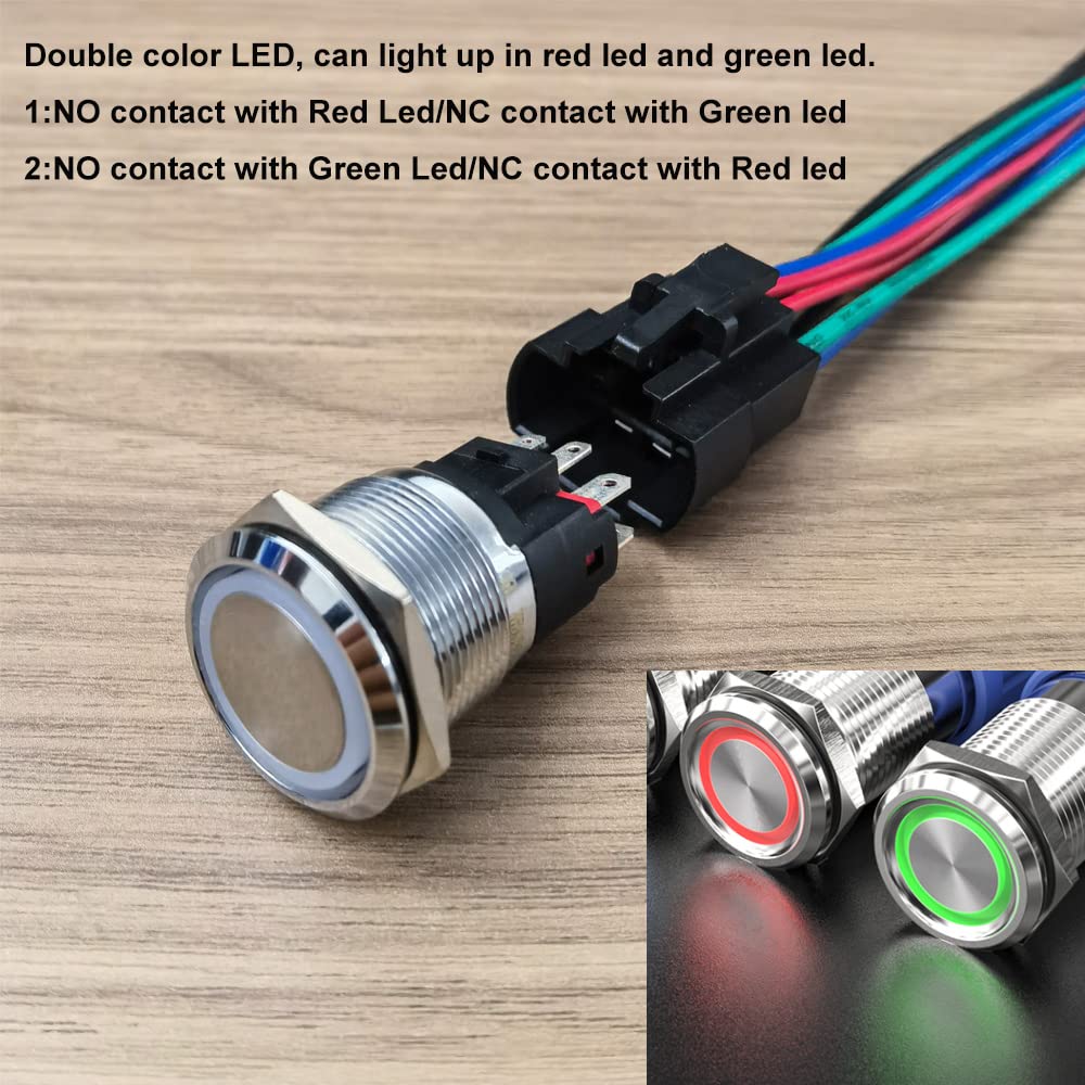 GUUZI 12V-24V/10A Momentary Push Button NO/NC, Waterproof, Green/Red LED Light, Illuminated, 22 mm Power Start Metal Push Button with Socket Plug Green/red 22 mm momentary switch - Image 2