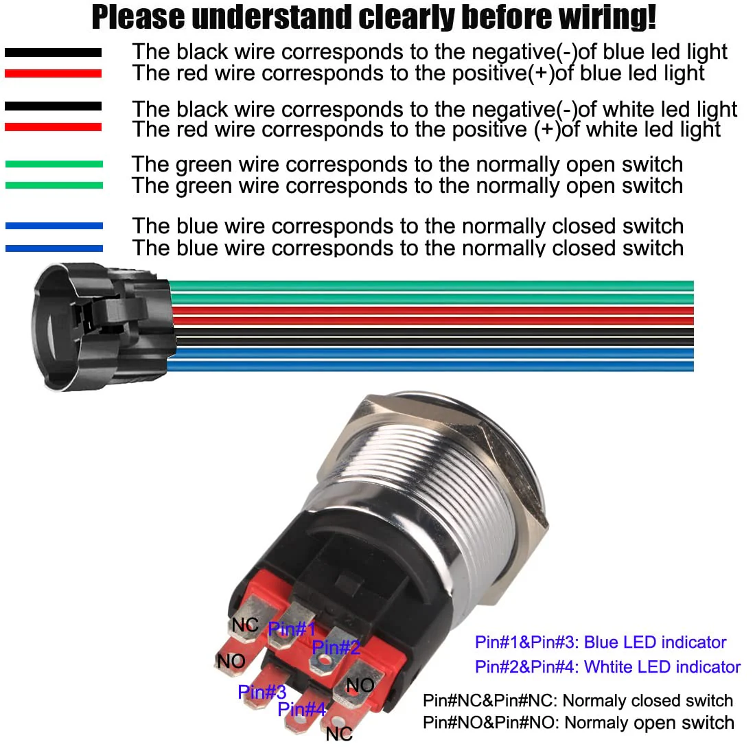 GUUZI 12V-24V/10A Momentary Push Button NO/NC, Waterproof, Green/Red LED Light, Illuminated, 22 mm Power Start Metal Push Button with Socket Plug Green/red 22 mm momentary switch - Image 3