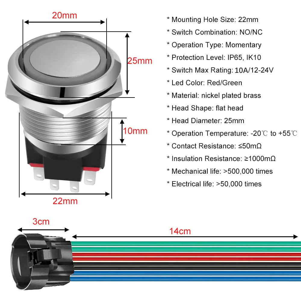GUUZI 12V-24V/10A Momentary Push Button NO/NC, Waterproof, Green/Red LED Light, Illuminated, 22 mm Power Start Metal Push Button with Socket Plug Green/red 22 mm momentary switch - Image 5