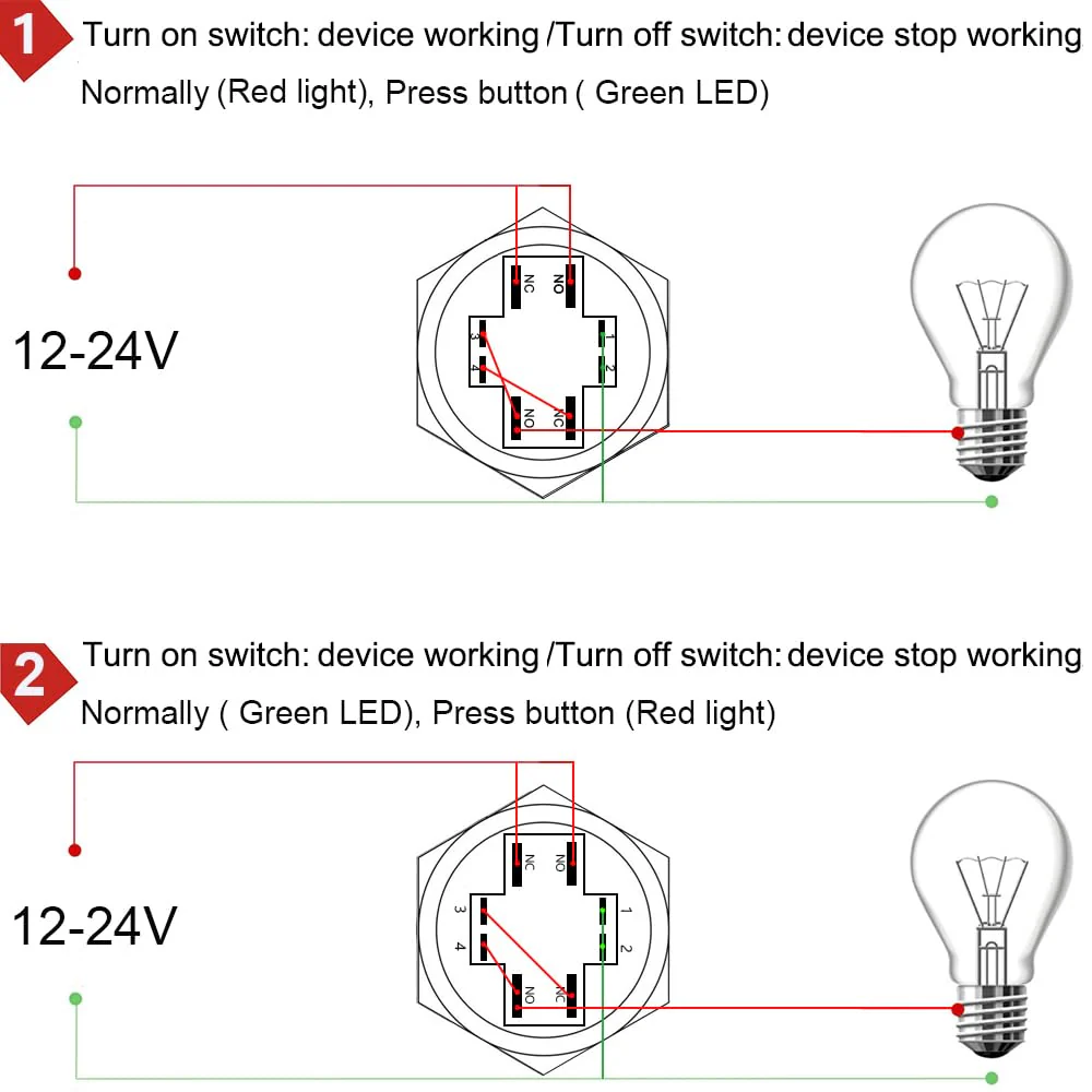 GUUZI 12V-24V/10A Momentary Push Button NO/NC, Waterproof, Green/Red LED Light, Illuminated, 22 mm Power Start Metal Push Button with Socket Plug Green/red 22 mm momentary switch - Image 6
