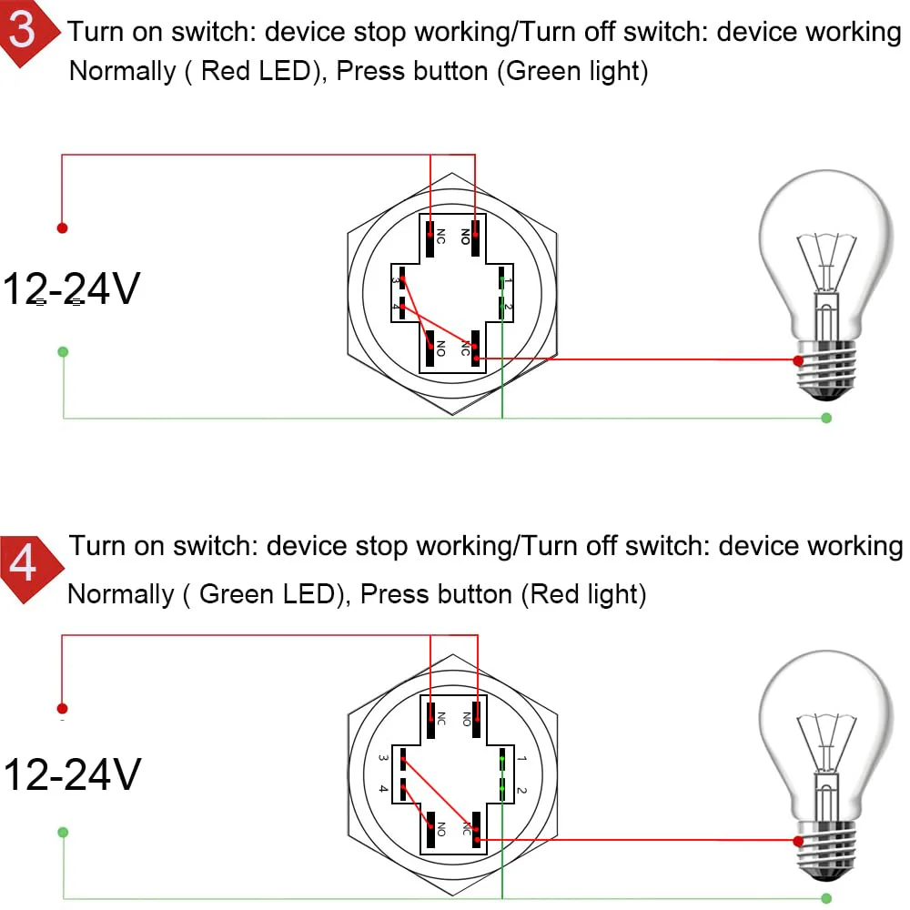 GUUZI 12V-24V/10A Momentary Push Button NO/NC, Waterproof, Green/Red LED Light, Illuminated, 22 mm Power Start Metal Push Button with Socket Plug Green/red 22 mm momentary switch - Image 7