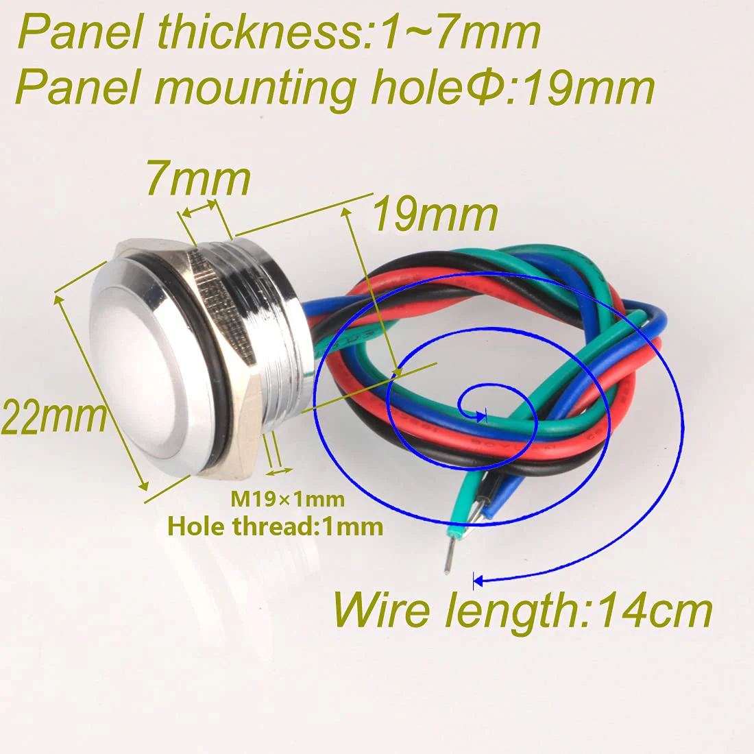 GUUZI 4pcs 12V-24V RGB Triple (Red Green Blue) Metal LED Indicator Light 19 mm Waterproof Signal Lamp with Cable Red/Green/Blue-19 Mm - Image 3