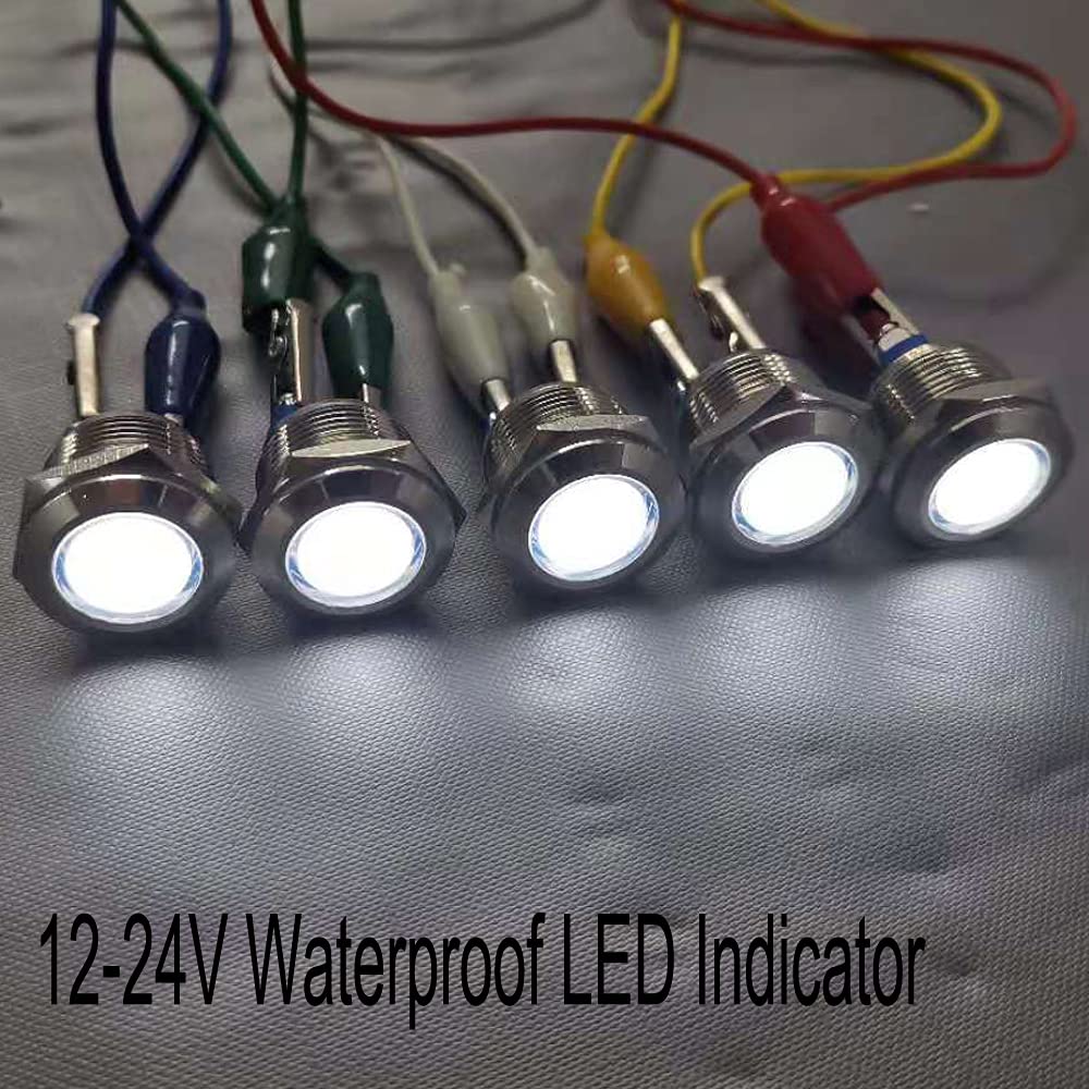GUUZI 5pcs 12V-24V 19mm LED Metal Indicator Light Waterproof Signal Lamp with Wire (White) White-19 mm - Image 2