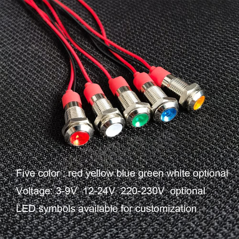 GUUZI 8mm LED Indicator Light 12-24V Waterproof Signal Light Metal Plate LED Indicator Signal Light Plate Mount Flat Head with Wires Silver Housing (Red, 6 Pieces) Red - Image 2