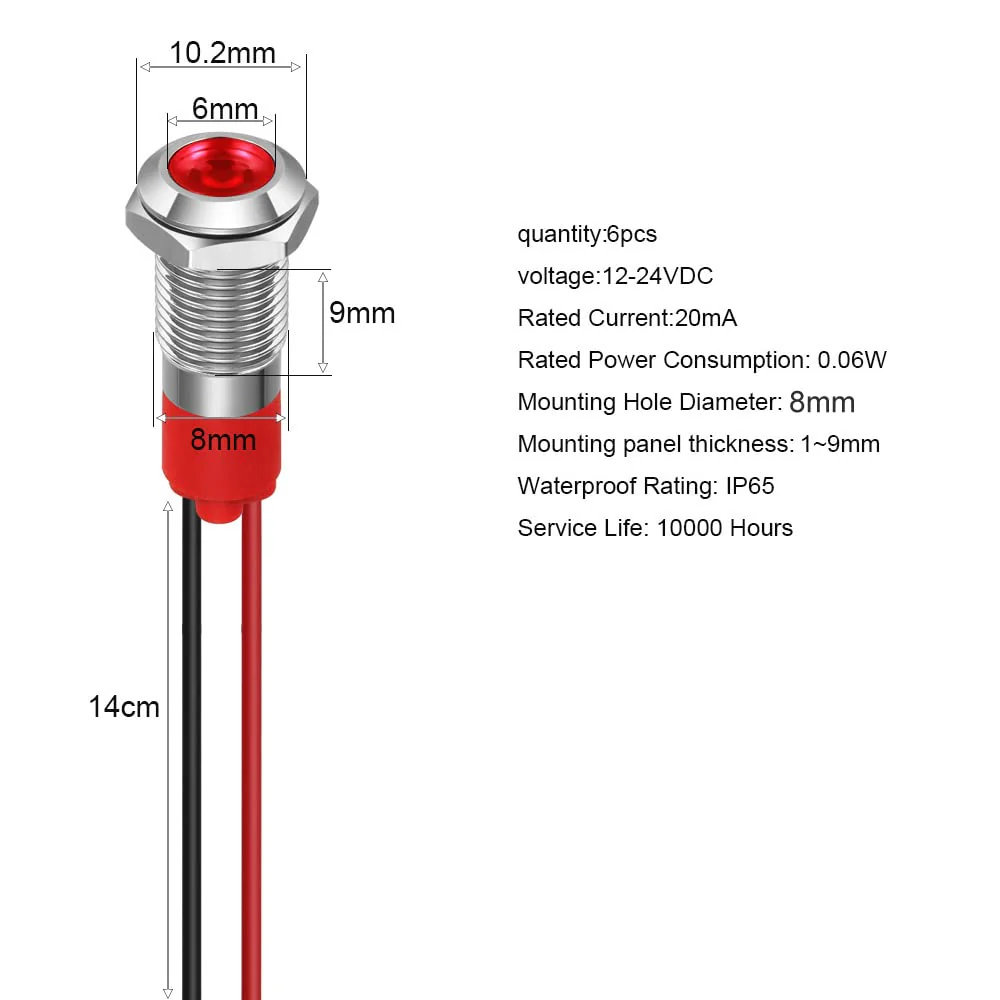 GUUZI 8mm LED Indicator Light 12-24V Waterproof Signal Light Metal Plate LED Indicator Signal Light Plate Mount Flat Head with Wires Silver Housing (Red, 6 Pieces) Red - Image 5