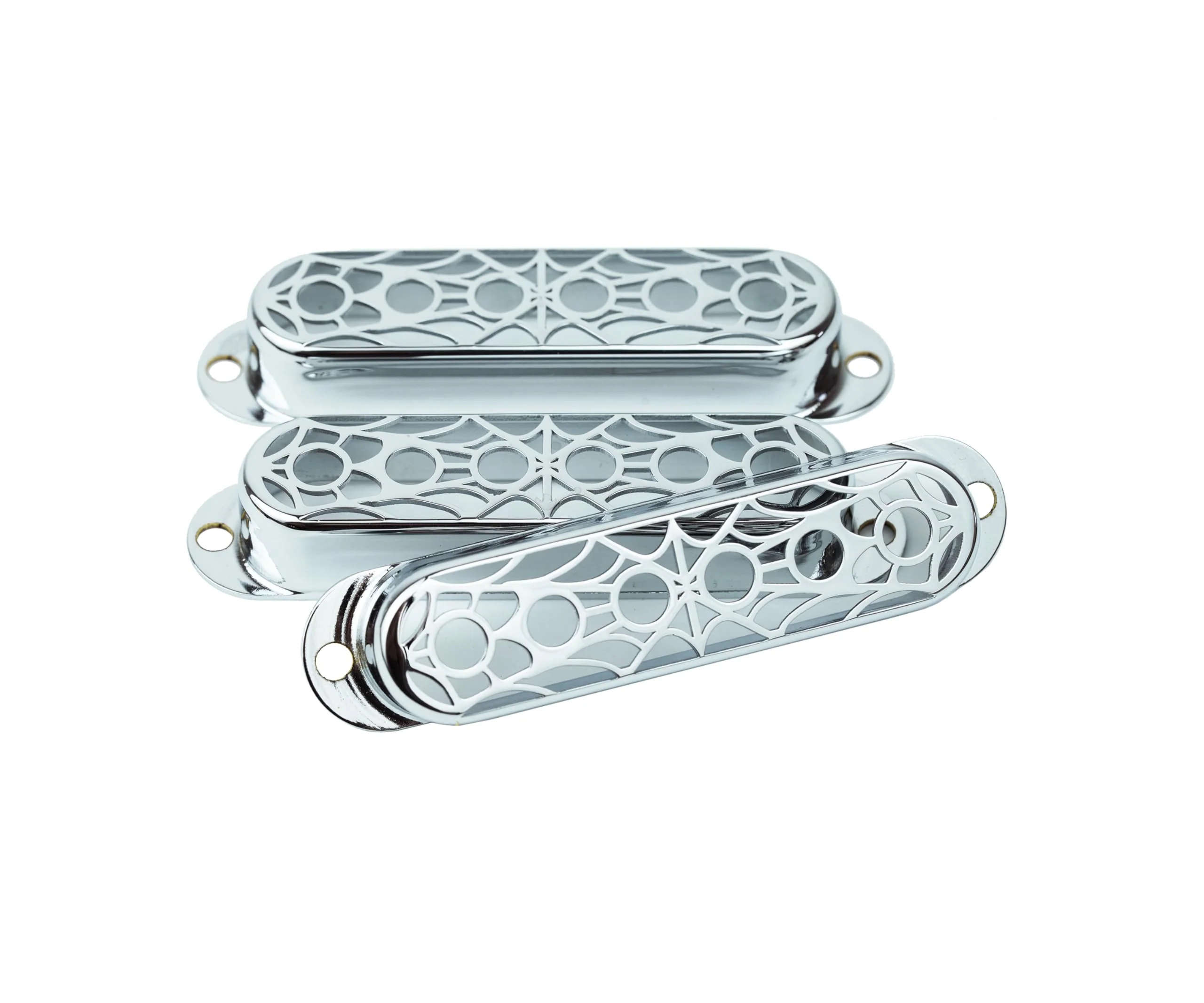 Guyker 3Pcs Single Coil Guitar Pickup Covers (52mm Pole Spacing), Copper Hollow Out Spider Web Style Pickup Mounting Ring Set Guitar Accessories Replacement Part(PS007, Chrome) PS007, Chrome - Image 4