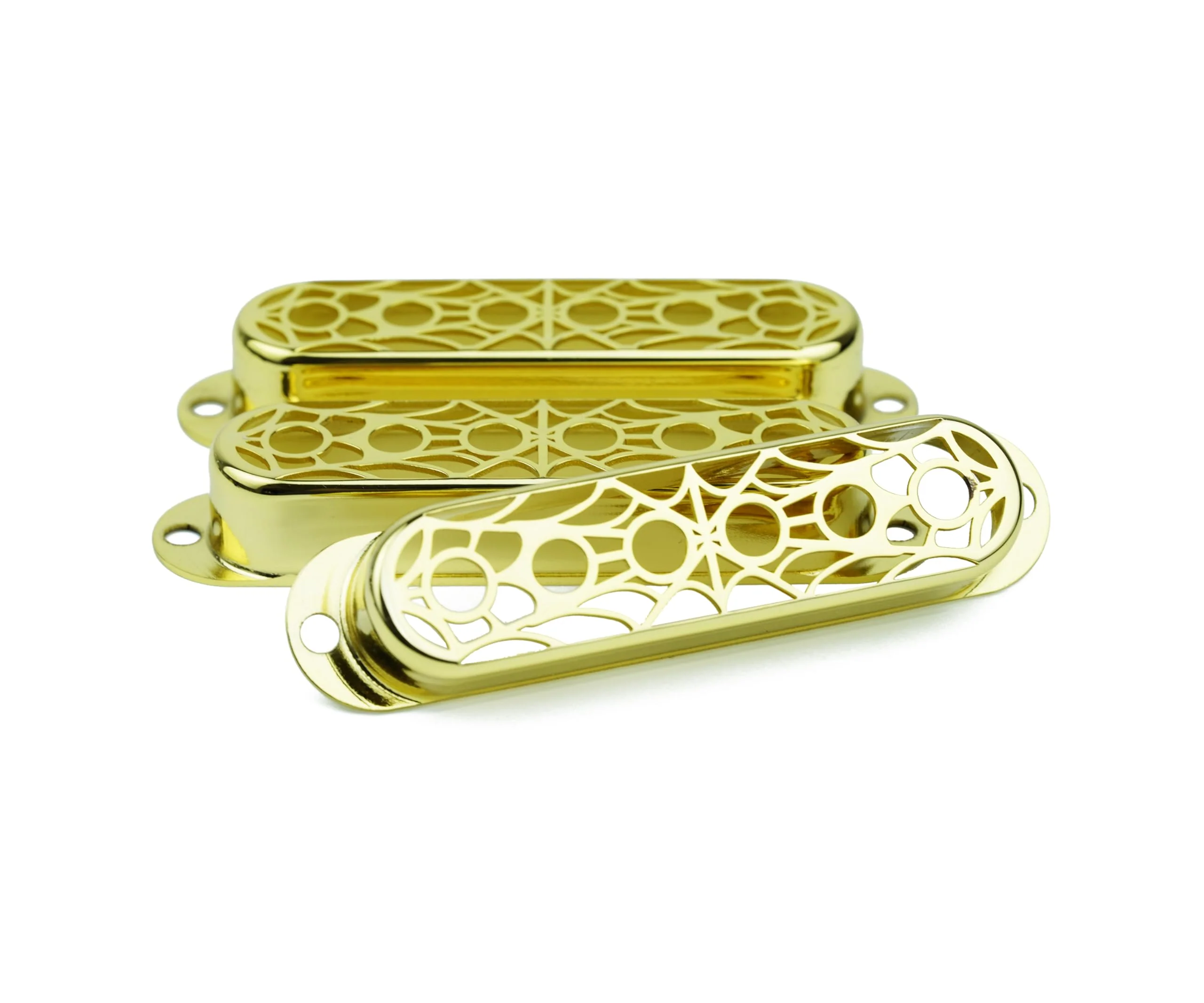 Guyker 3Pcs Single Coil Guitar Pickup Covers (52mm Pole Spacing), Copper Hollow Out Spider Web Style Pickup Mounting Ring Set Guitar Accessories Replacement Part(PS007, Gold) PS007, Gold - Image 4
