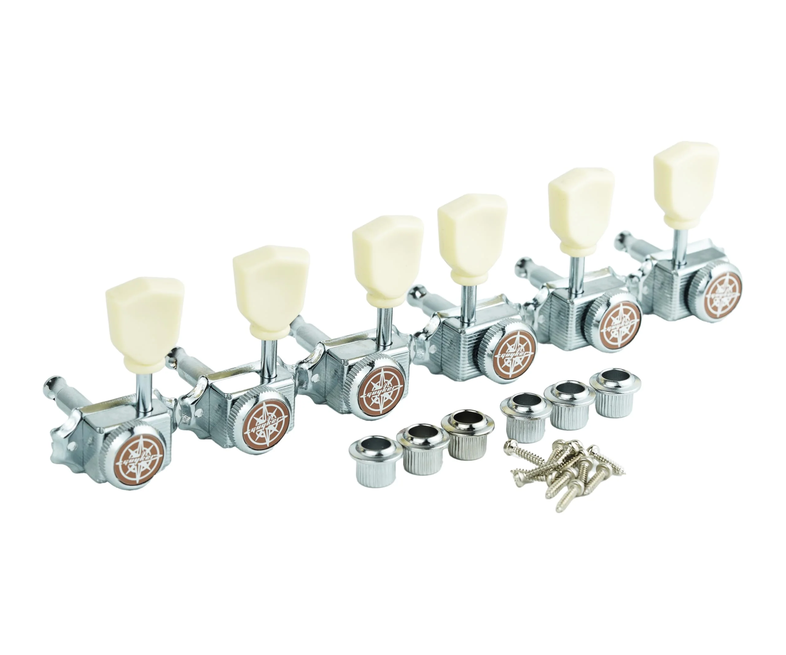 Guyker 3x3 Vintage Style Locking Guitar Machine Heads – 1:15 Ratio Lock String Chrome Deluxe Tuning Key Pegs Tuners Set Replacement for Electric, Acoustic or Folk Guitars - GK44sp, White Button Chrome - White Handle - Image 2