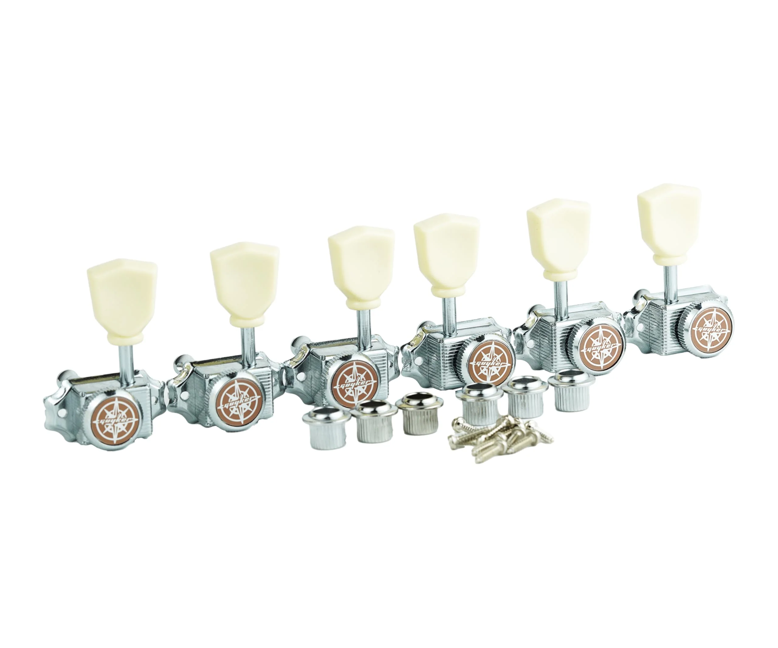 Guyker 3x3 Vintage Style Locking Guitar Machine Heads – 1:15 Ratio Lock String Chrome Deluxe Tuning Key Pegs Tuners Set Replacement for Electric, Acoustic or Folk Guitars - GK44sp, White Button Chrome - White Handle - Image 3