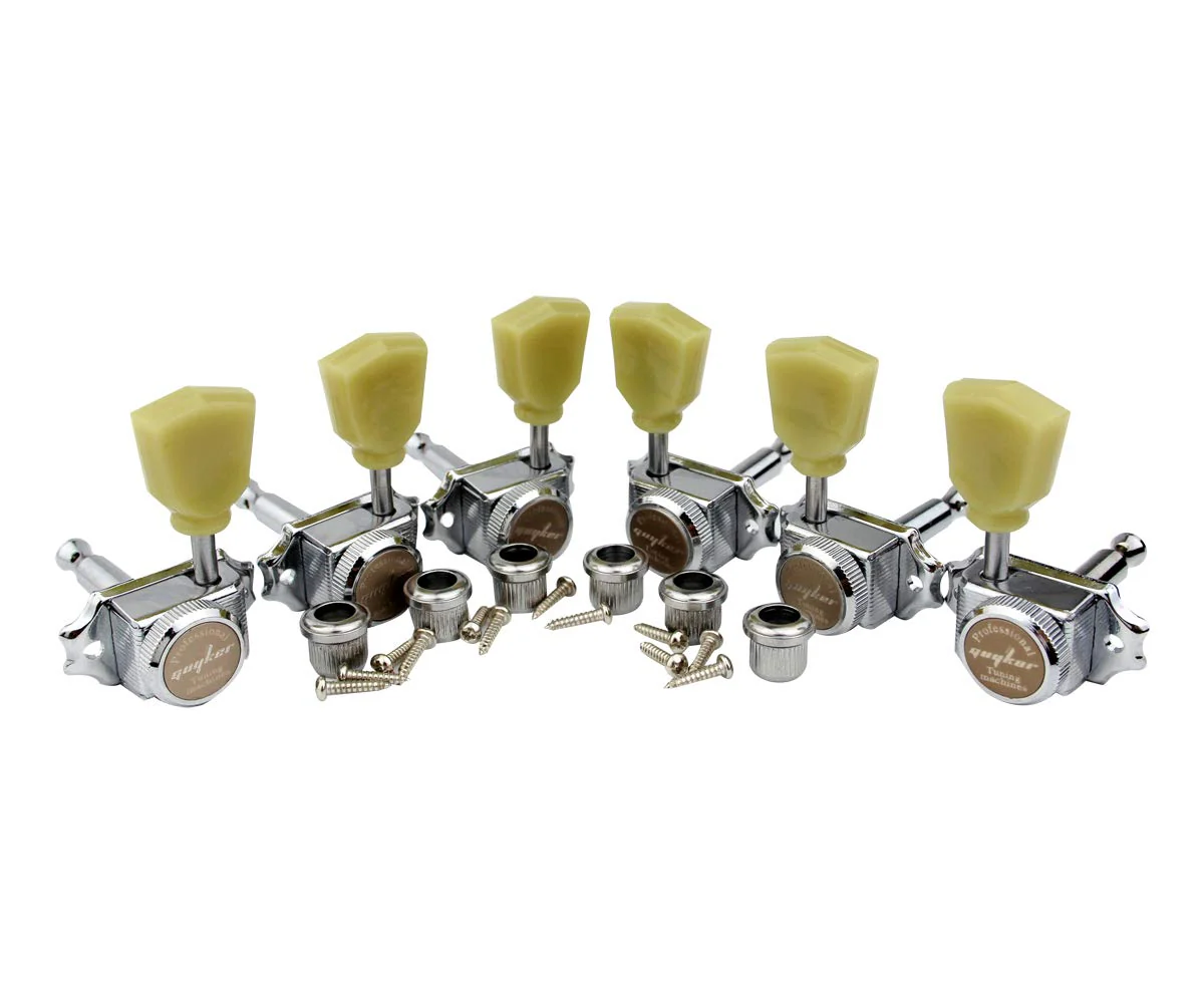 Guyker 3x3 Vintage Style Locking Guitar Machine Heads – 1:15 Ratio Lock String Deluxe Tuning Key Pegs Tuners Set Replacement for Electric, Acoustic or Folk Guitars - Chrome Chrome - Yellow Green Handle - Image 2