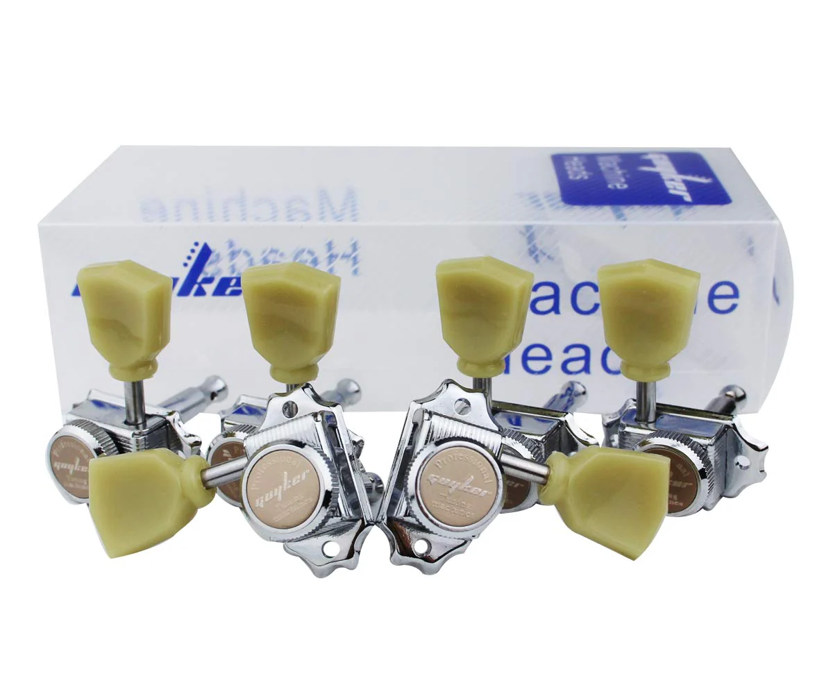Guyker 3x3 Vintage Style Locking Guitar Machine Heads – 1:15 Ratio Lock String Deluxe Tuning Key Pegs Tuners Set Replacement for Electric, Acoustic or Folk Guitars - Chrome Chrome - Yellow Green Handle - Image 4