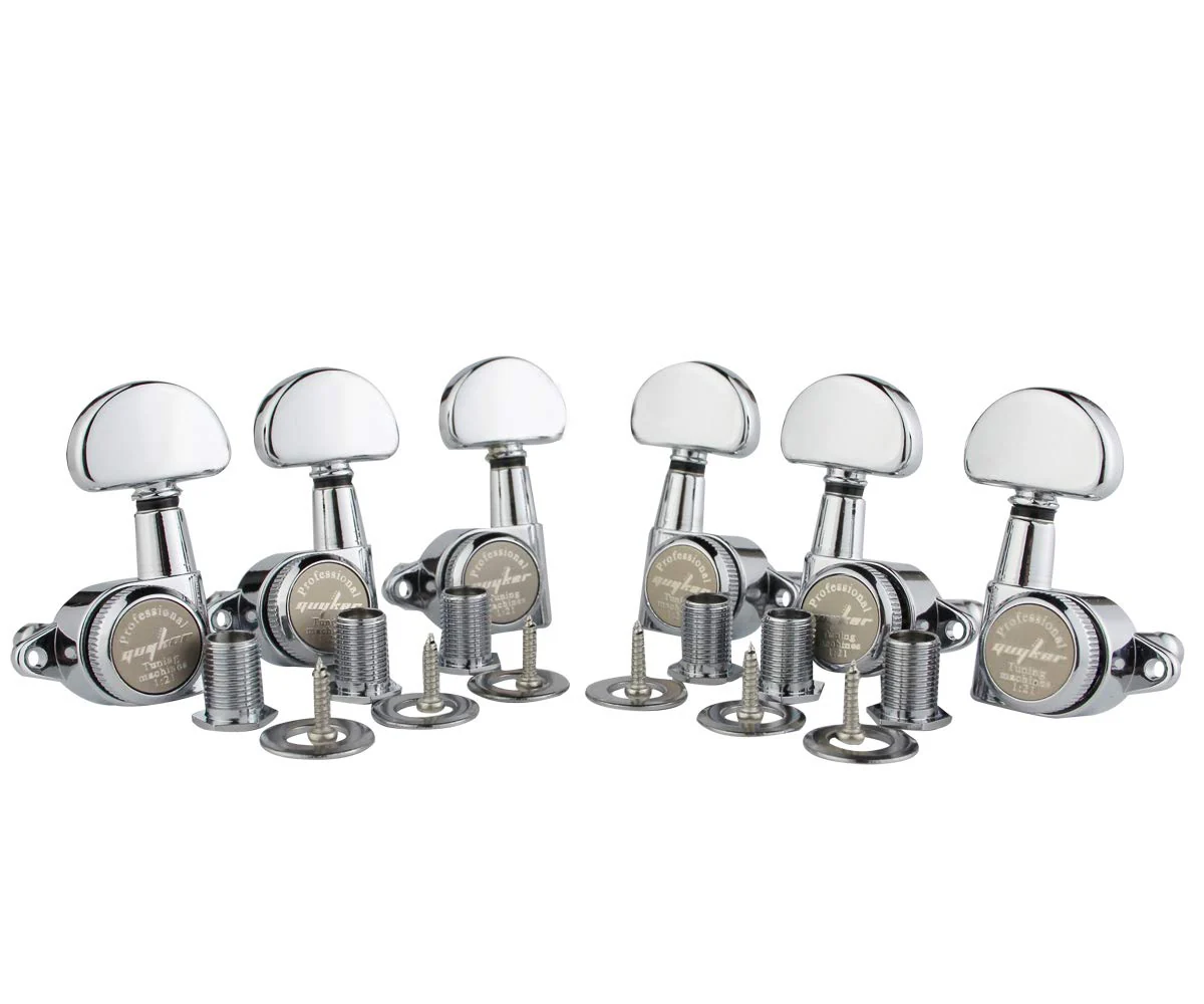 Guyker 6Pcs Guitar Locking Tuners (3L + 3R Handed) – 1:21 Lock String Tuning Key Pegs Machine Heads with Half-Circle Handle Replacement for LP SG Style Electric, Folk or Acoustic Guitars – Chrome Chrome - Ratio 1:21