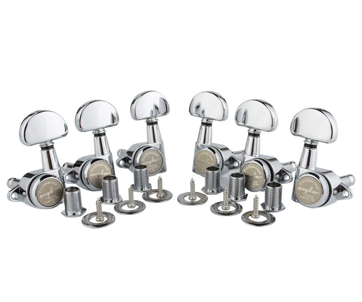 Guyker 6Pcs Guitar Locking Tuners (3L + 3R Handed) – 1:21 Lock String Tuning Key Pegs Machine Heads with Half-Circle Handle Replacement for LP SG Style Electric, Folk or Acoustic Guitars – Chrome Chrome - Ratio 1:21 - Image 2