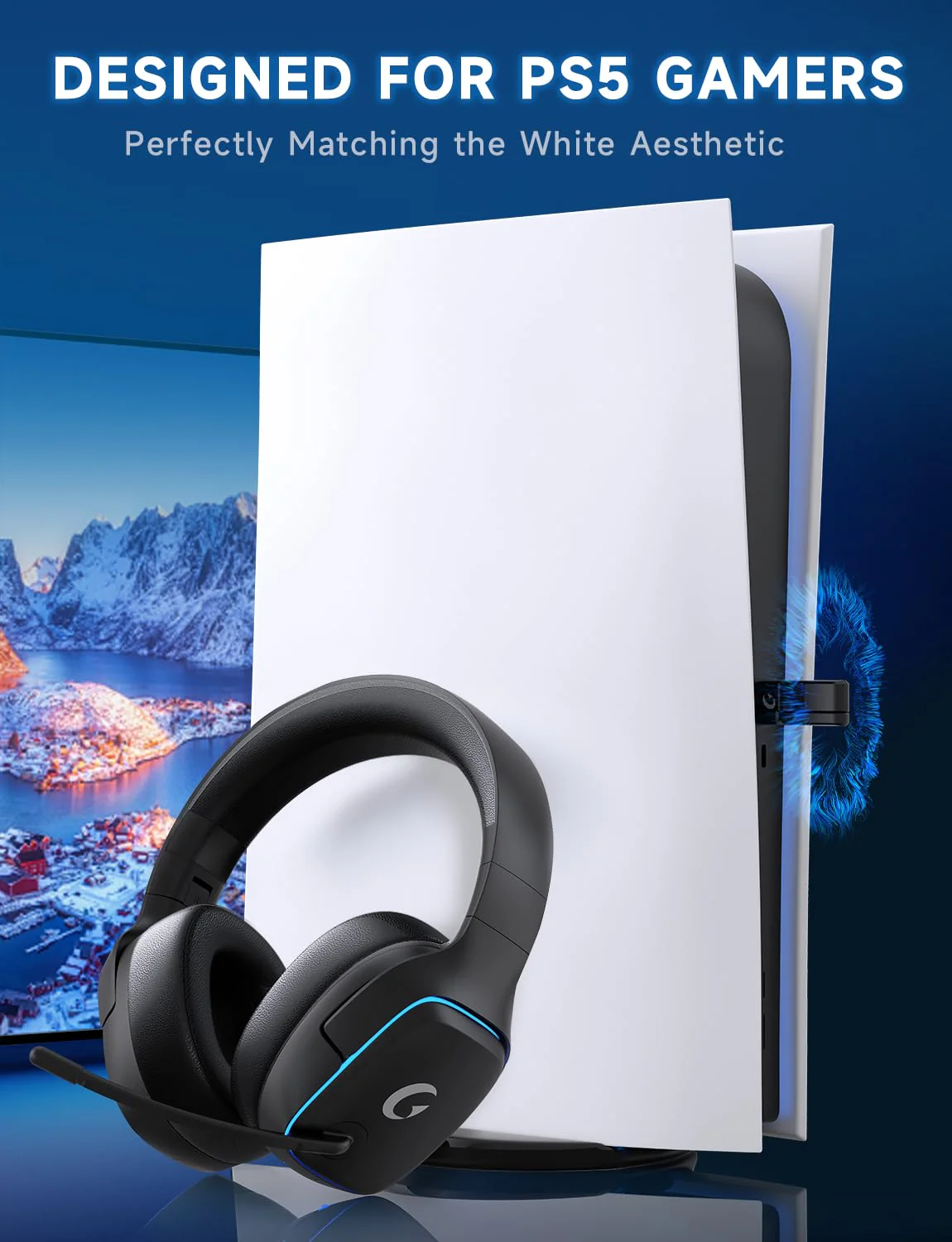 Gvyugke 2.4GHz Wireless Gaming Headsets for PS5, PS4, PC, Switch - Bluetooth 5.3 Gaming Headphones with Noise Canceling Mic, 7.1 Surround Sound, 70H Battery, Blue Lighting - Matte Black - Image 2