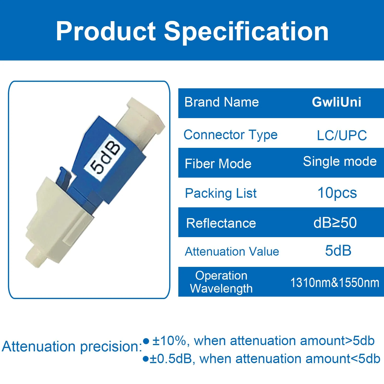 GwliUni 10Pcs LC Fiber Optic attenuator, Fiber Signal Attenuation Converter, LC Inserts Connector Single Mode (LC-UPC, 5dB) LC-UPC - Image 6