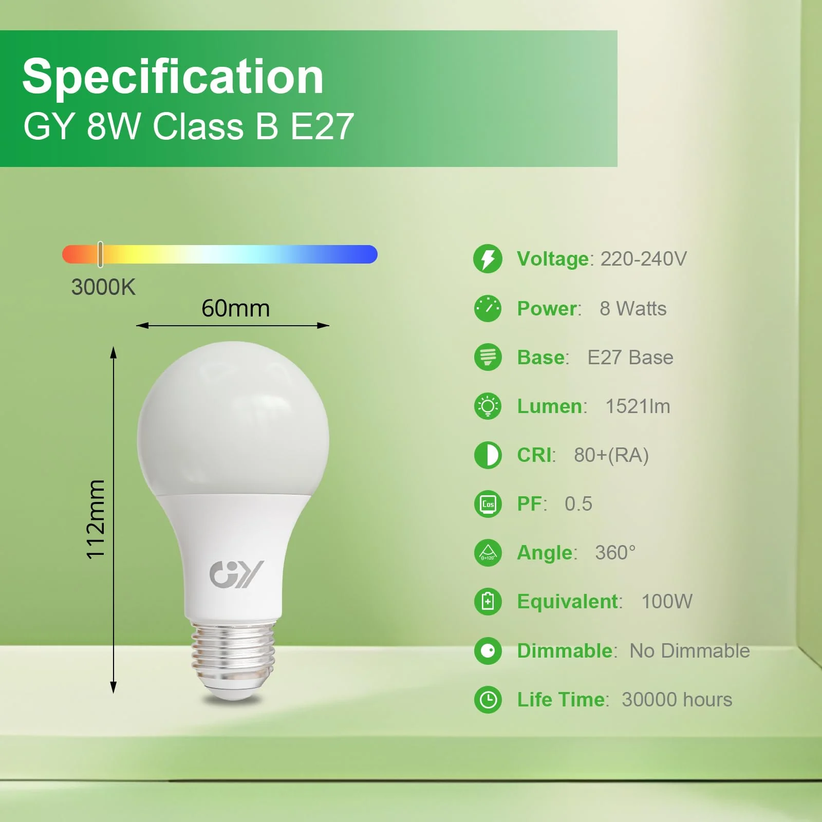GY E27 LED Warm White Light Bulb, 8 W 1521 LM Energy Saving Bulb, Replaces 100 W Bulbs, Energy Efficiency Class B, A60 LED Warm White, Beam Angle 360° Bulb, Not Dimmable, Pack of 6 A60-8w3000k-6 6 Stück - Image 3