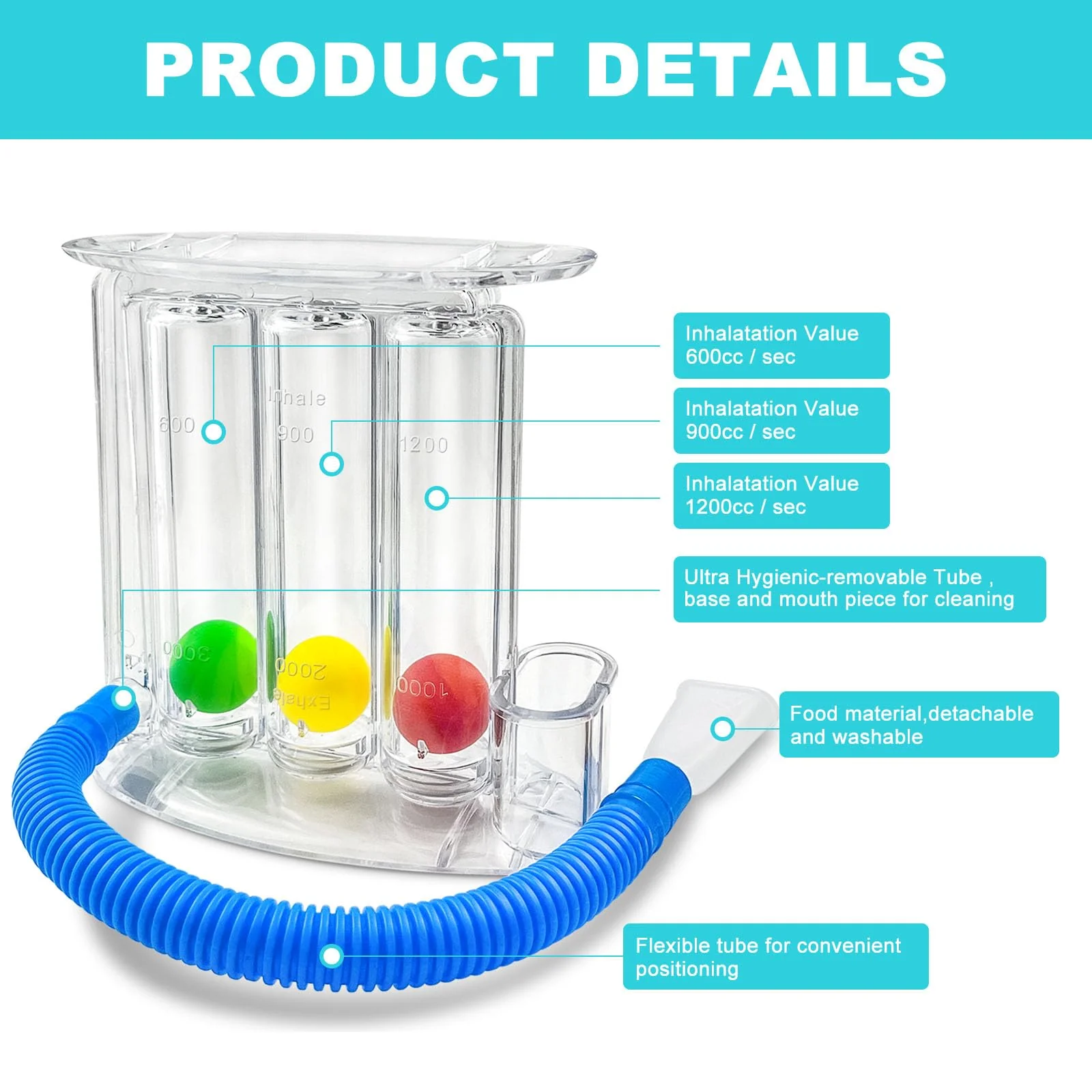 GZcaiyun 1 x 3-chamber breathing trainer, lung trainer with 3 colourful balls and 1 silicone mouthpiece, breathing exercise trainer for lung function and speech therapy, deep breath trainer - Image 3