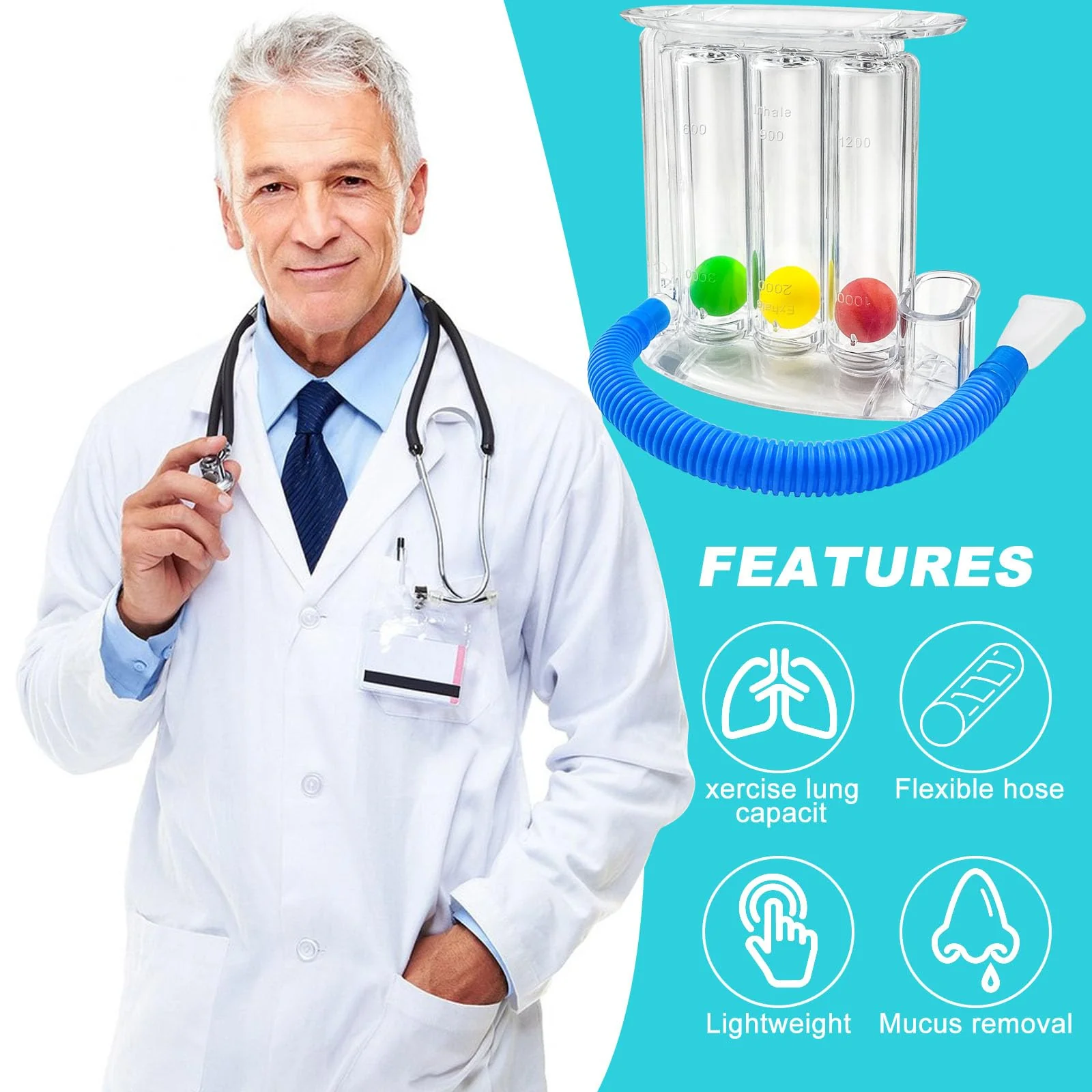 GZcaiyun 1 x 3-chamber breathing trainer, lung trainer with 3 colourful balls and 1 silicone mouthpiece, breathing exercise trainer for lung function and speech therapy, deep breath trainer - Image 4