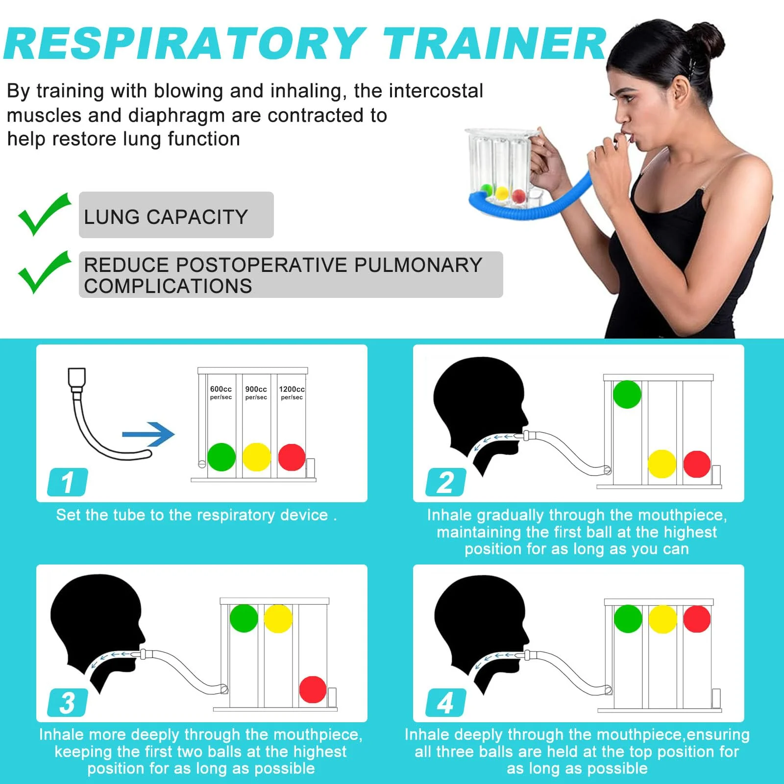 GZcaiyun 1 x 3-chamber breathing trainer, lung trainer with 3 colourful balls and 1 silicone mouthpiece, breathing exercise trainer for lung function and speech therapy, deep breath trainer - Image 5