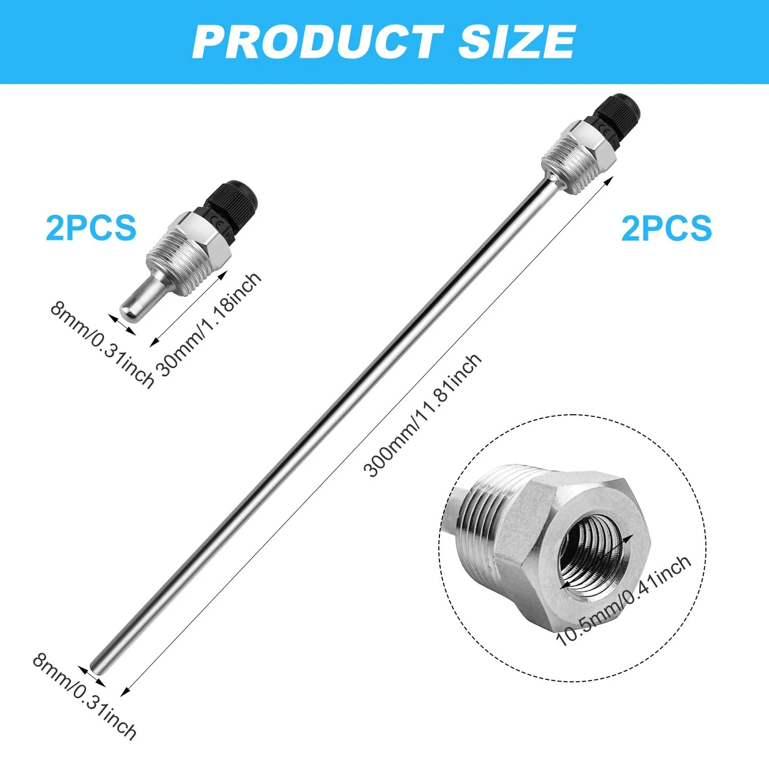 GZhaimai Pack of 4 Immersion Sleeves, 8 x 30 mm and 8 x 300 mm Stainless Steel Diving Sleeve, G1/2 Inch Thread, Made of High-Strength 304 Stainless Steel, Immersion Protection Tubes for Thermocouples - Image 2