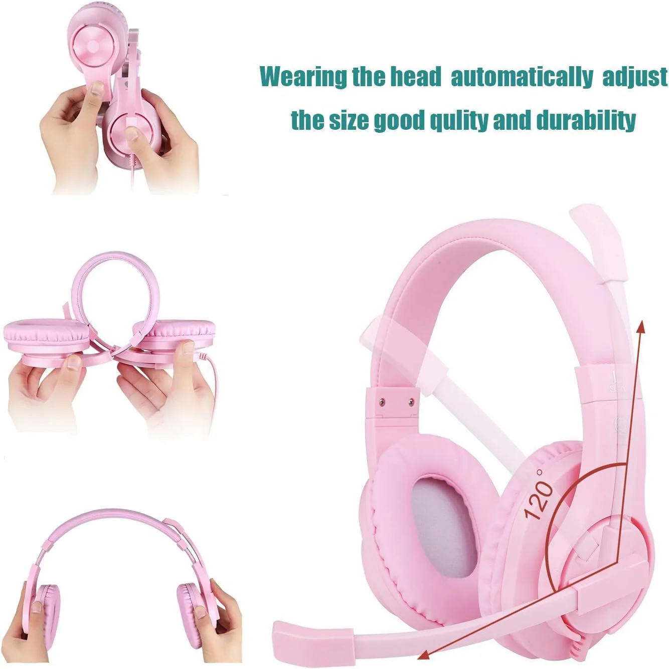 H-10 Gaming Headset for PS4, Xbox One, PC, PS5, Nintendo Switch, Stereo Wired Noise Cancelling Over Ear Headphones with Mic for Kids Adults, Bass Surround, Soft Memory Earmuffs, Pink H-10 pink - Image 2