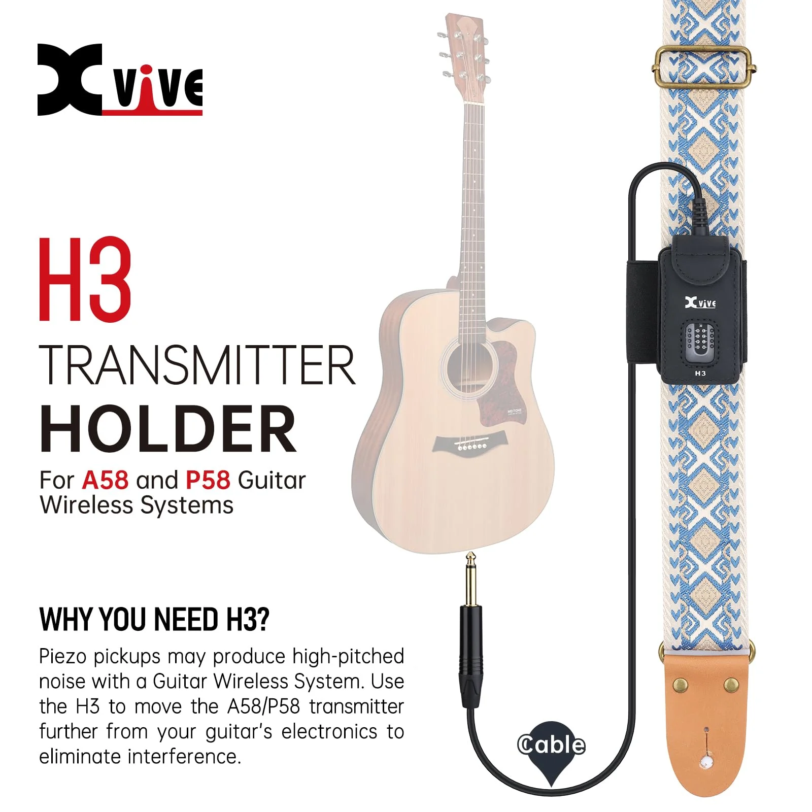 H3 Transmitter Holder for A58 and P58 Guitar Wireless Systems,with ¼” TS male to ¼” TS Female Adapter Black H3 holder - Image 2