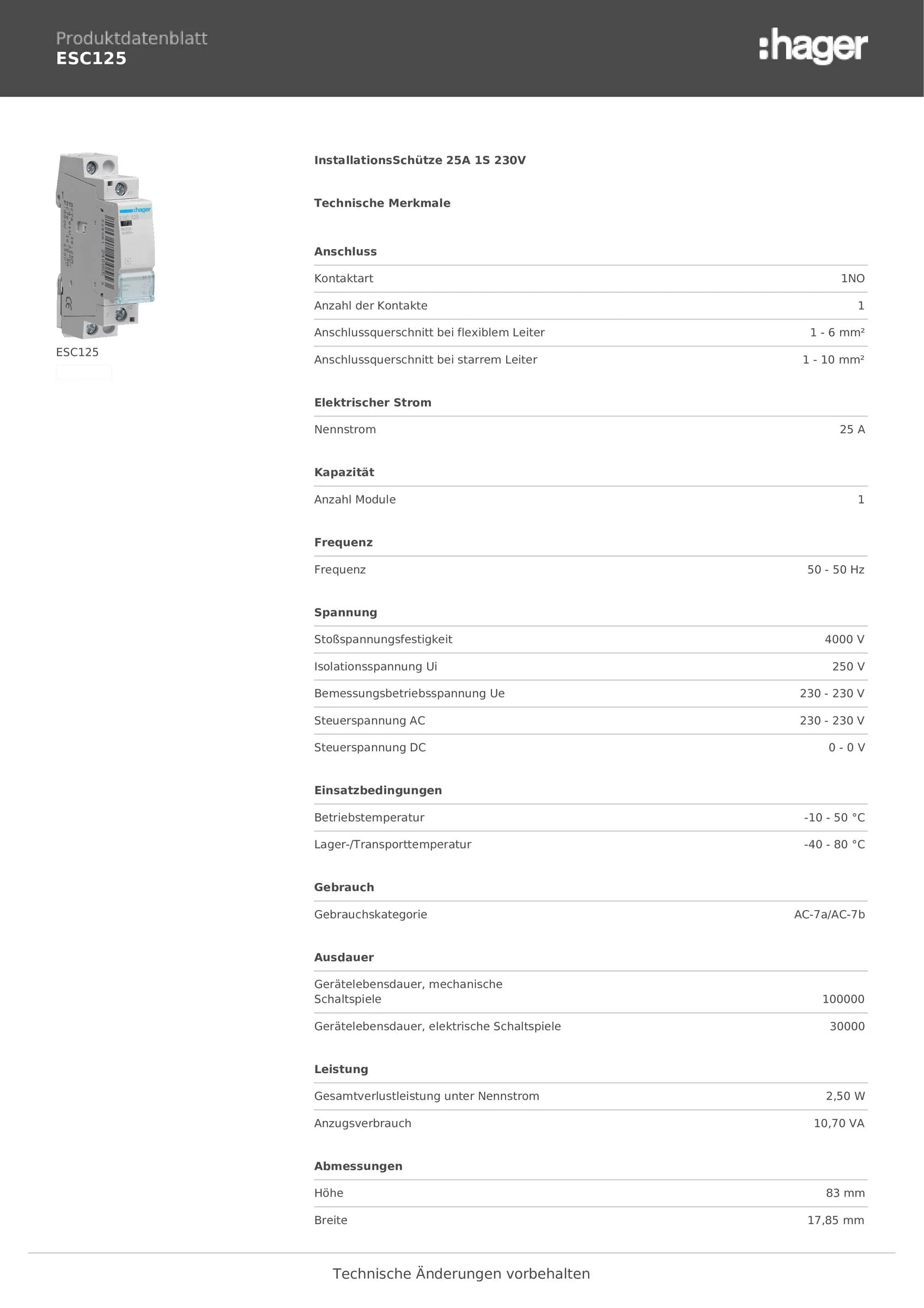 Hager ESC125 Schütze , 25A, 1S, 230V - Image 2