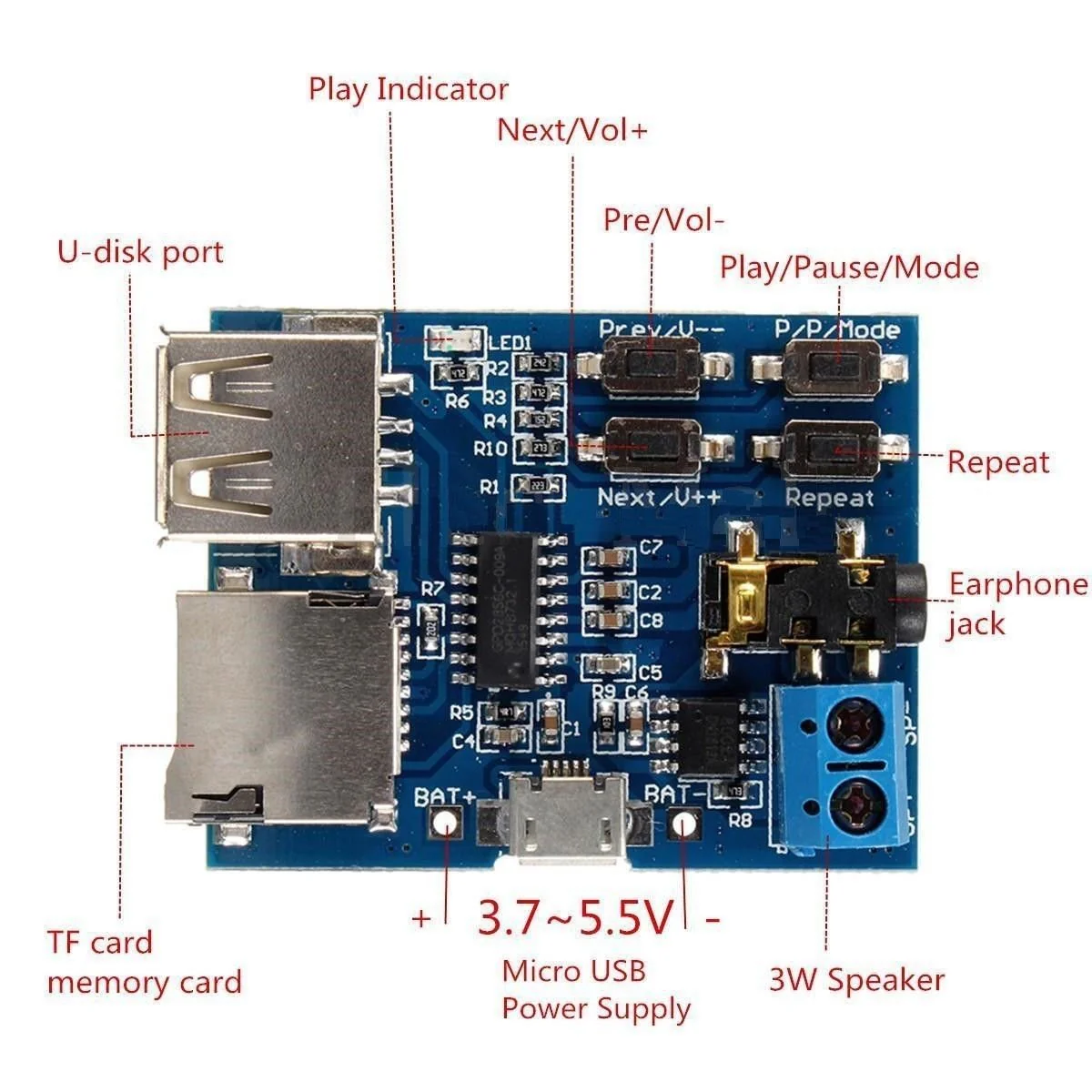 Hailege TF Card U Disk Play MP3 Decoder Player Module with Audio Amplifier Audio Decoding Player Module Micro USB 5V Power Supply Pack of 2 - Image 6