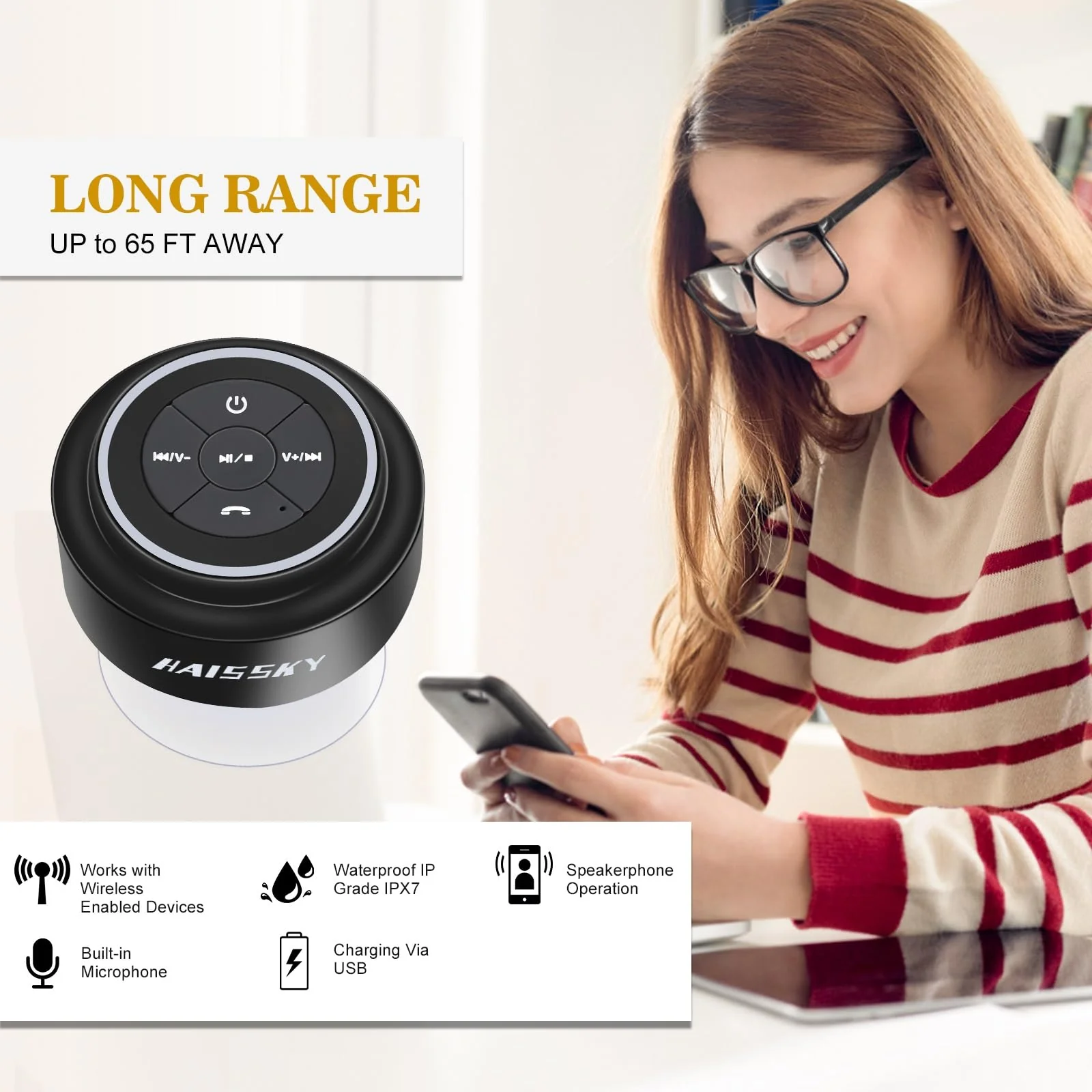 HAISSKY Bluetooth Shower Speakers, Portable Wireless Speaker with Suction Cup, IP67 Waterproof Speaker Pairs Easily to Phones, Tablets, Computer, Gift for Men & Women Black - Image 3