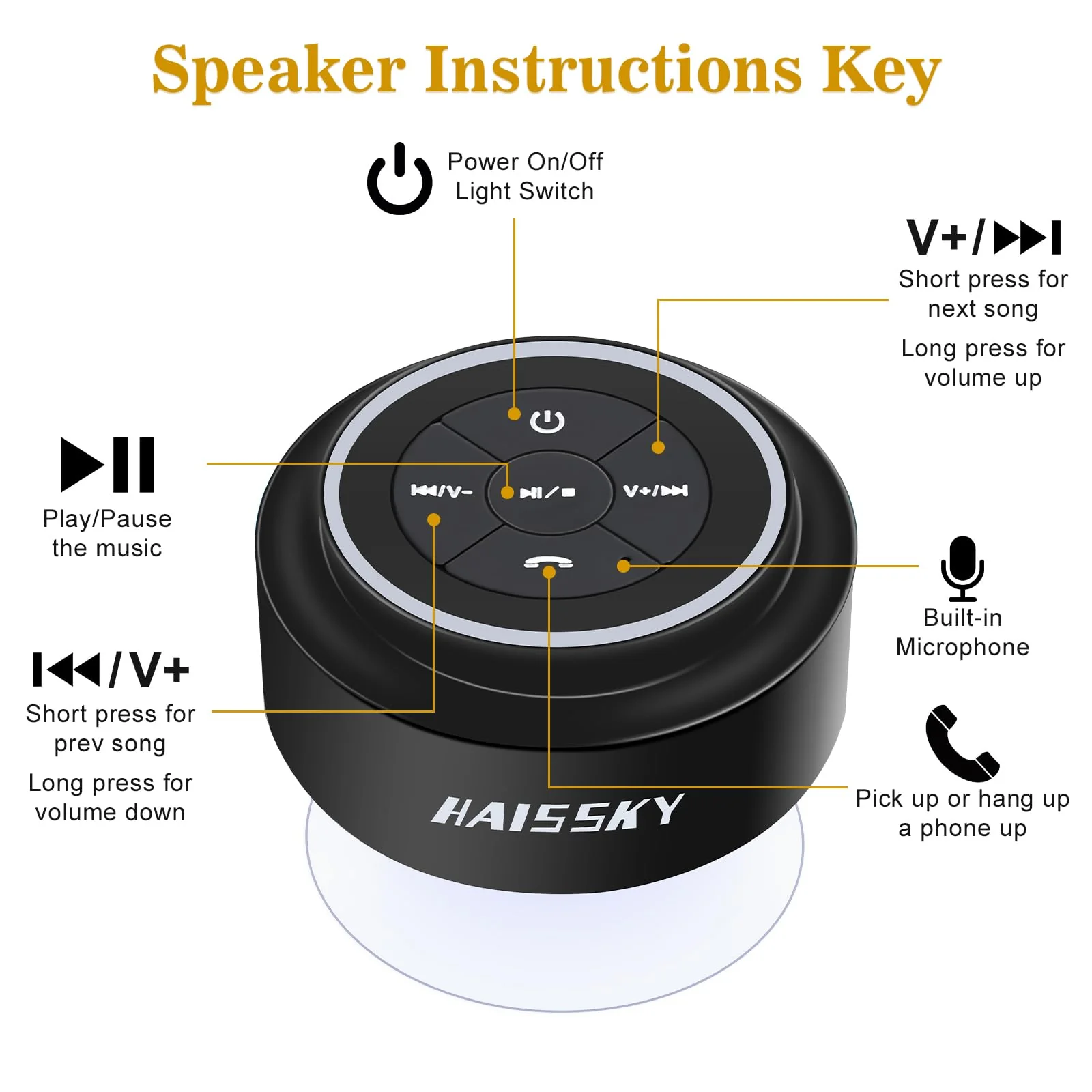 HAISSKY Bluetooth Shower Speakers, Portable Wireless Speaker with Suction Cup, IP67 Waterproof Speaker Pairs Easily to Phones, Tablets, Computer, Gift for Men & Women Black - Image 5