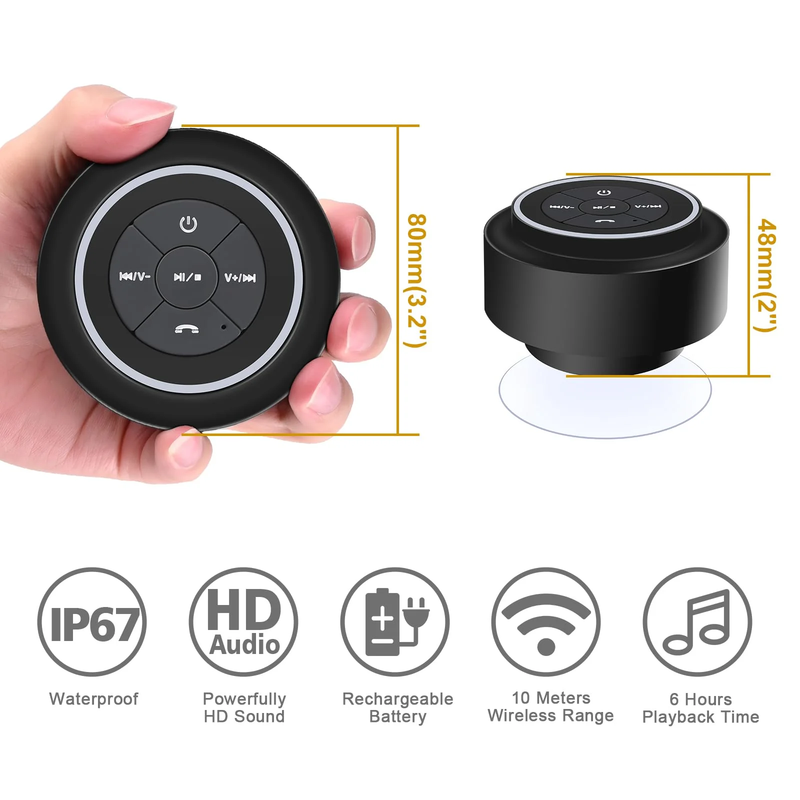 HAISSKY Bluetooth Shower Speakers, Portable Wireless Speaker with Suction Cup, IP67 Waterproof Speaker Pairs Easily to Phones, Tablets, Computer, Gift for Men & Women Black - Image 8