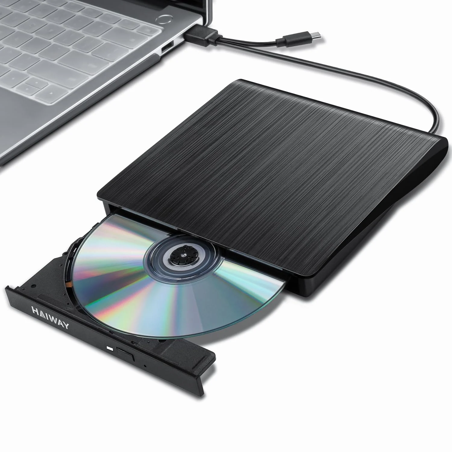 Haiway External DVD Drive, USB 3.0 Type-C CD Burner Portable CD DVD +/-RW Optical Drive Slim CD DVD ROM Rewriter CD/DVD Player Writer Reader for Laptop Desktop MacBook PC Windows Linux Mac OS (Black) USB 3.0 USB-A & USB-C BK