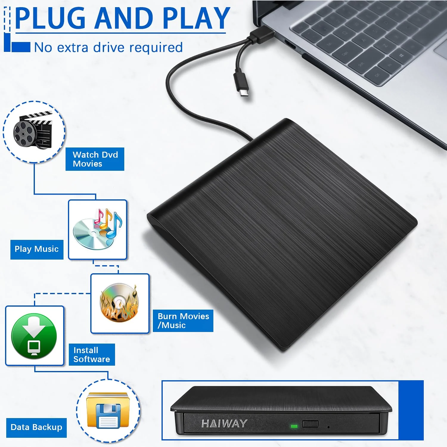 Haiway External DVD Drive, USB 3.0 Type-C CD Burner Portable CD DVD +/-RW Optical Drive Slim CD DVD ROM Rewriter CD/DVD Player Writer Reader for Laptop Desktop MacBook PC Windows Linux Mac OS (Black) USB 3.0 USB-A & USB-C BK - Image 3
