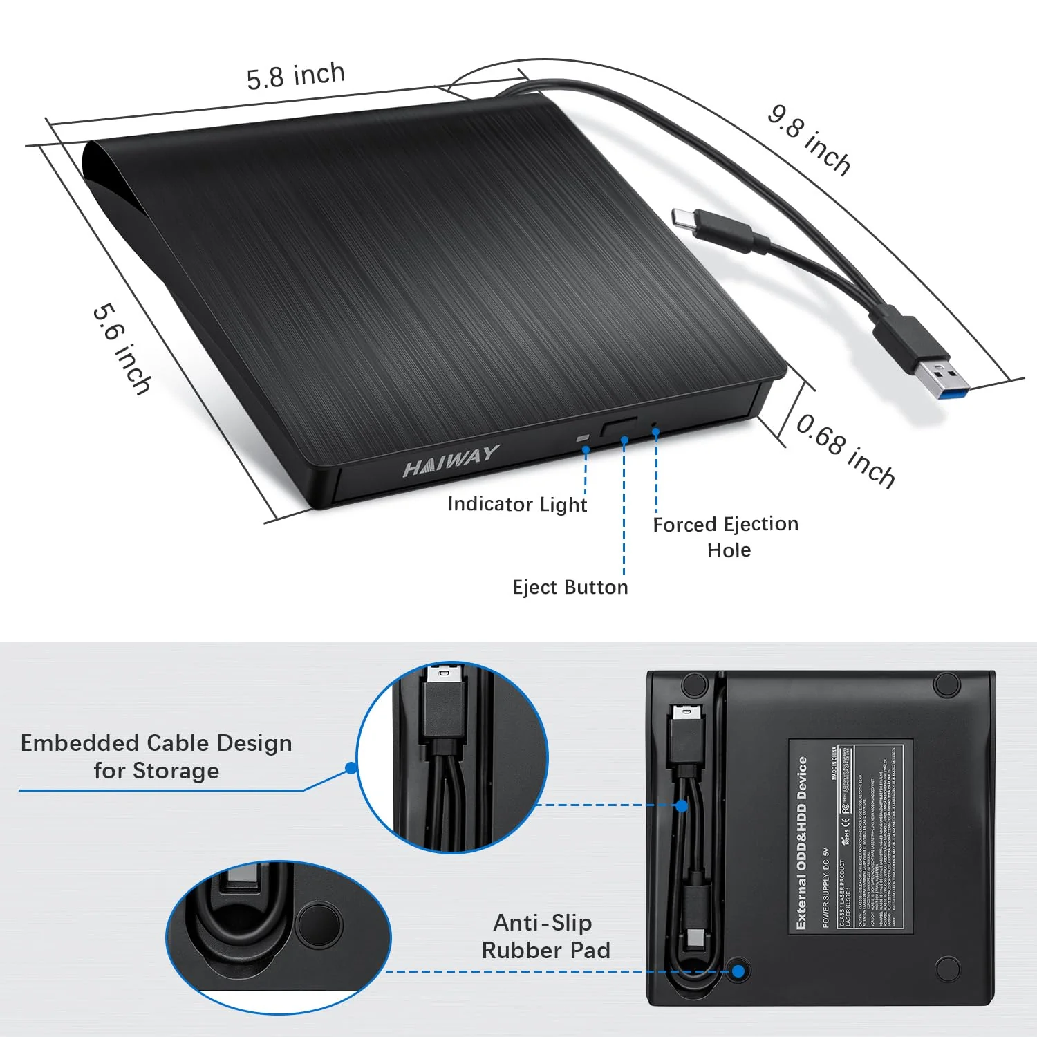 Haiway External DVD Drive, USB 3.0 Type-C CD Burner Portable CD DVD +/-RW Optical Drive Slim CD DVD ROM Rewriter CD/DVD Player Writer Reader for Laptop Desktop MacBook PC Windows Linux Mac OS (Black) USB 3.0 USB-A & USB-C BK - Image 6